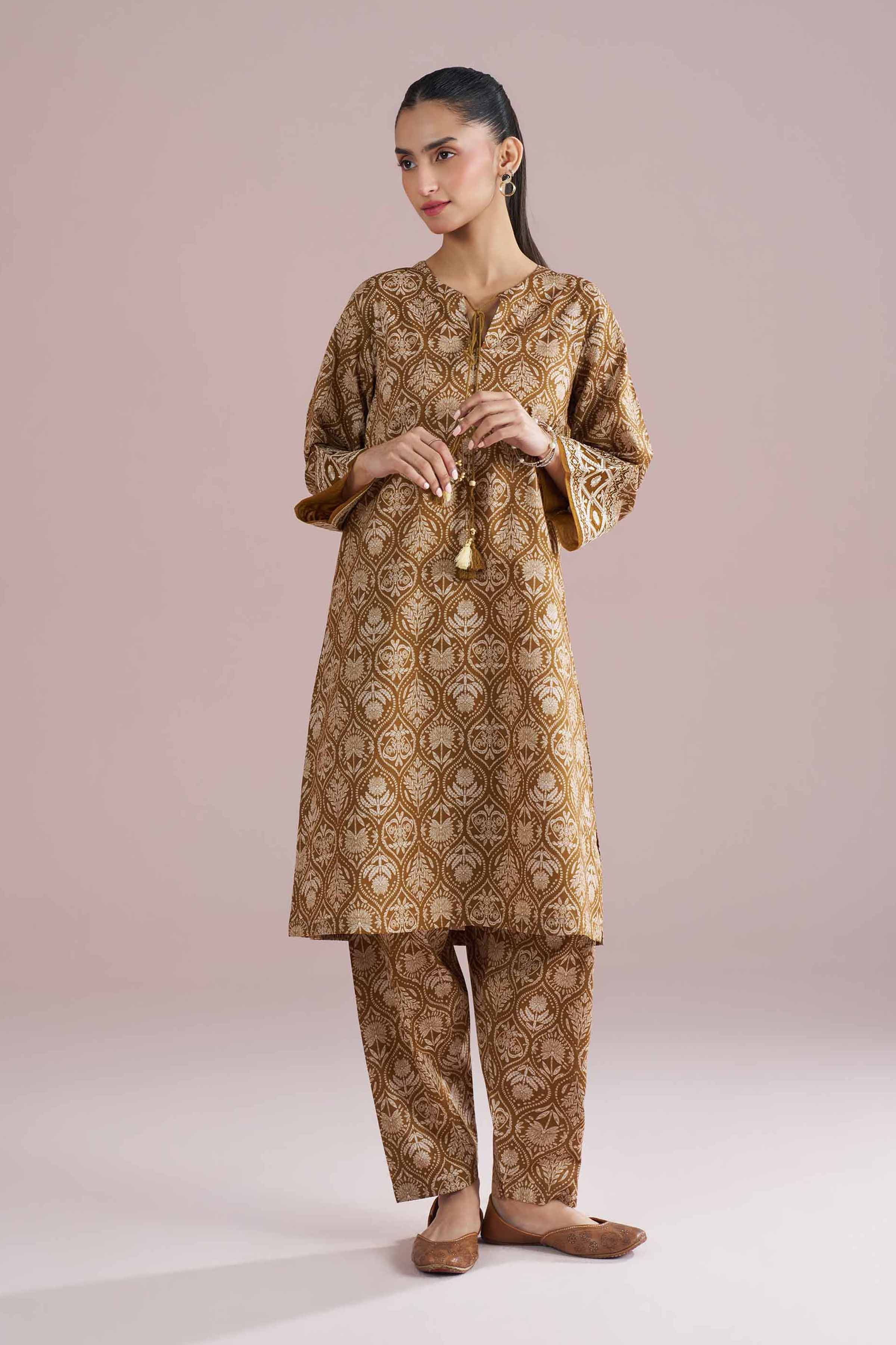 NishatUK - Brown Embroidered Cambric 2-piece ready to wear Dress