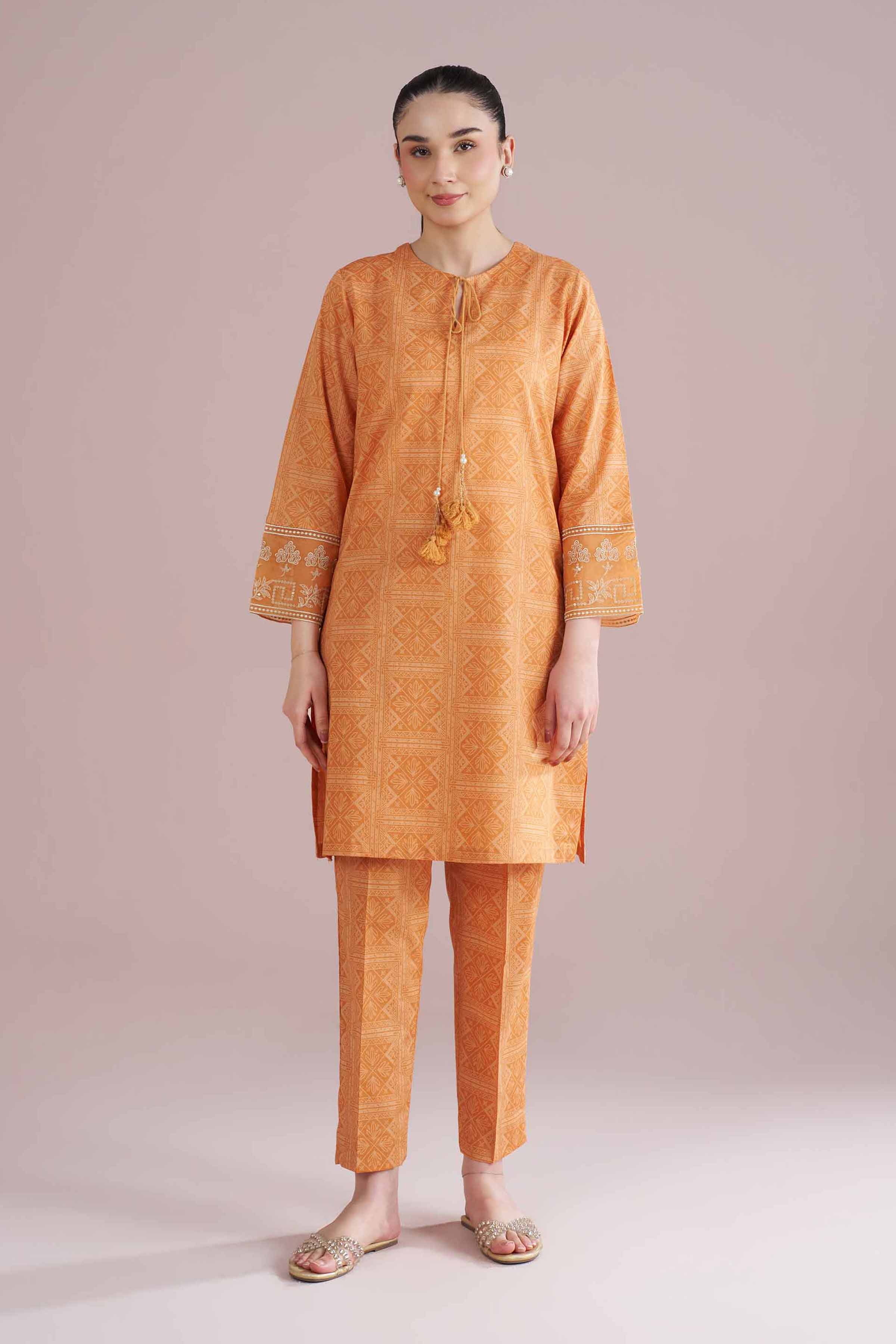 NishatUK - Orange Embroidered Cambric 2-piece ready to wear Dress