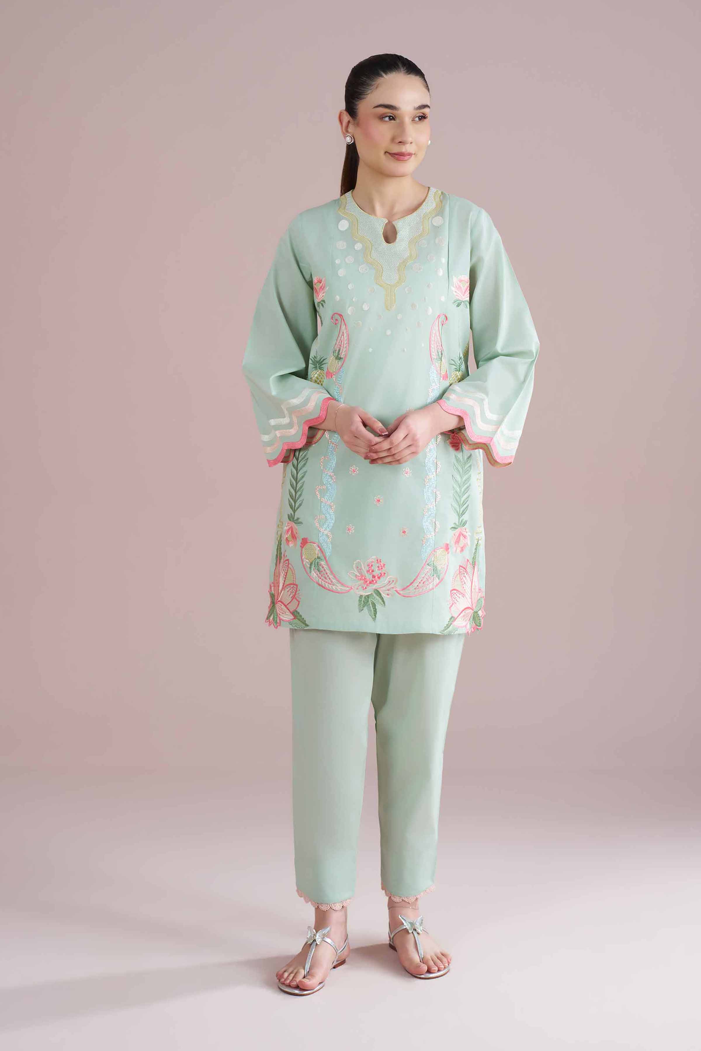 NishatUK - Green Embroidered Cambric 2-piece ready to wear Dress