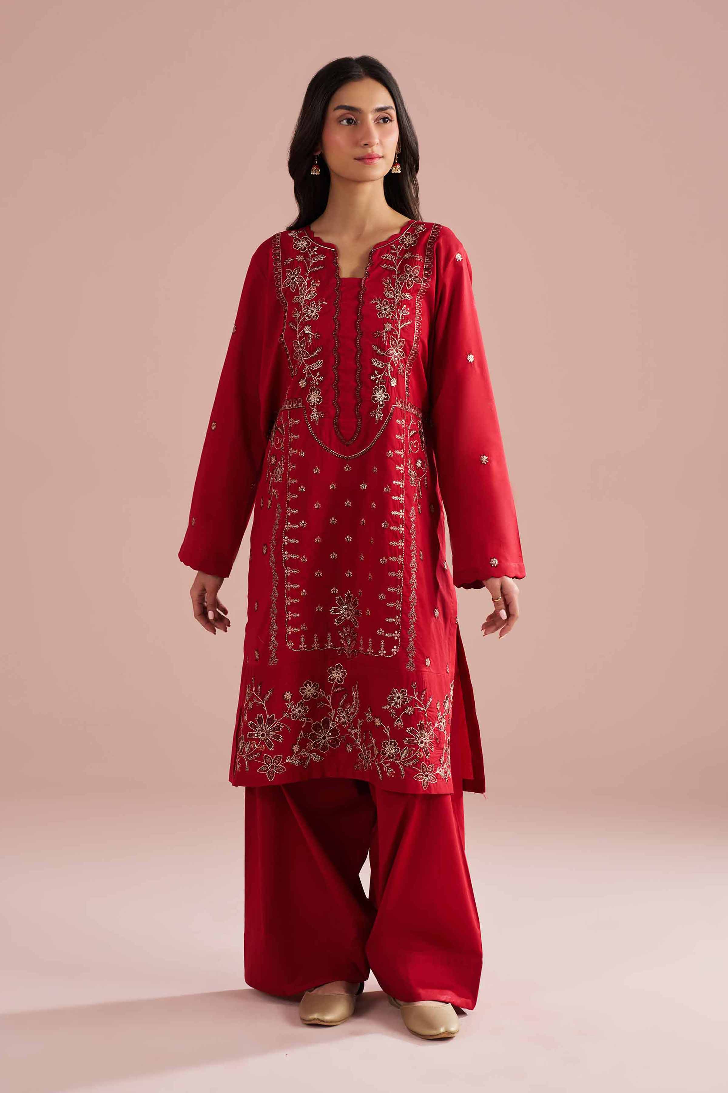 NishatUK - Red Embroidered Cambric 2-piece ready to wear Dress
