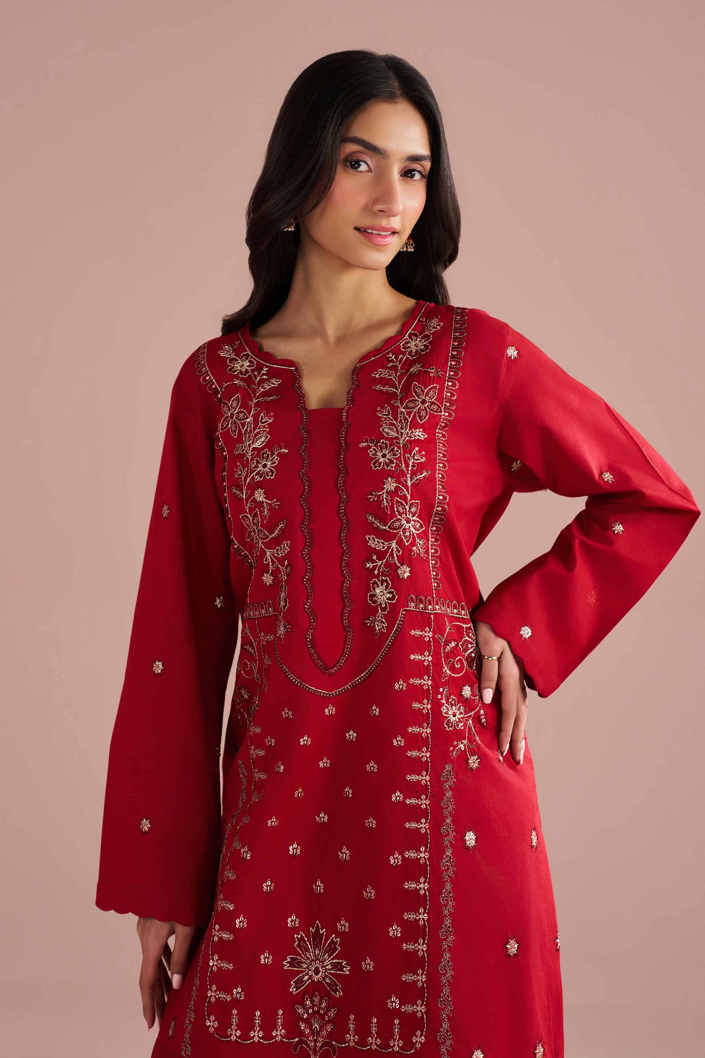 NishatUK - Red Embroidered Cambric 2-piece ready to wear Dress