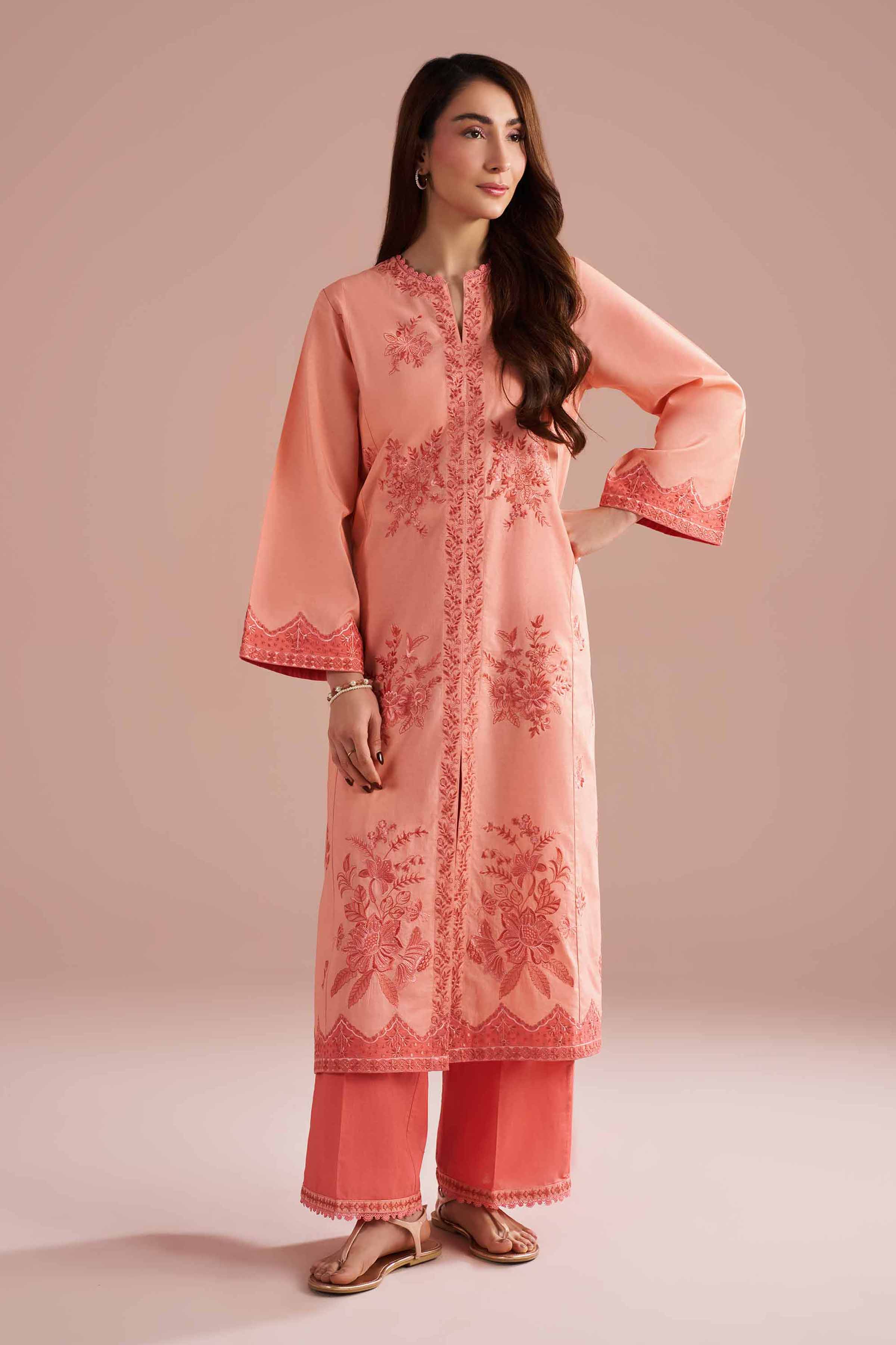 NishatUK - Orange Embroidered Cambric ready to wear Dress