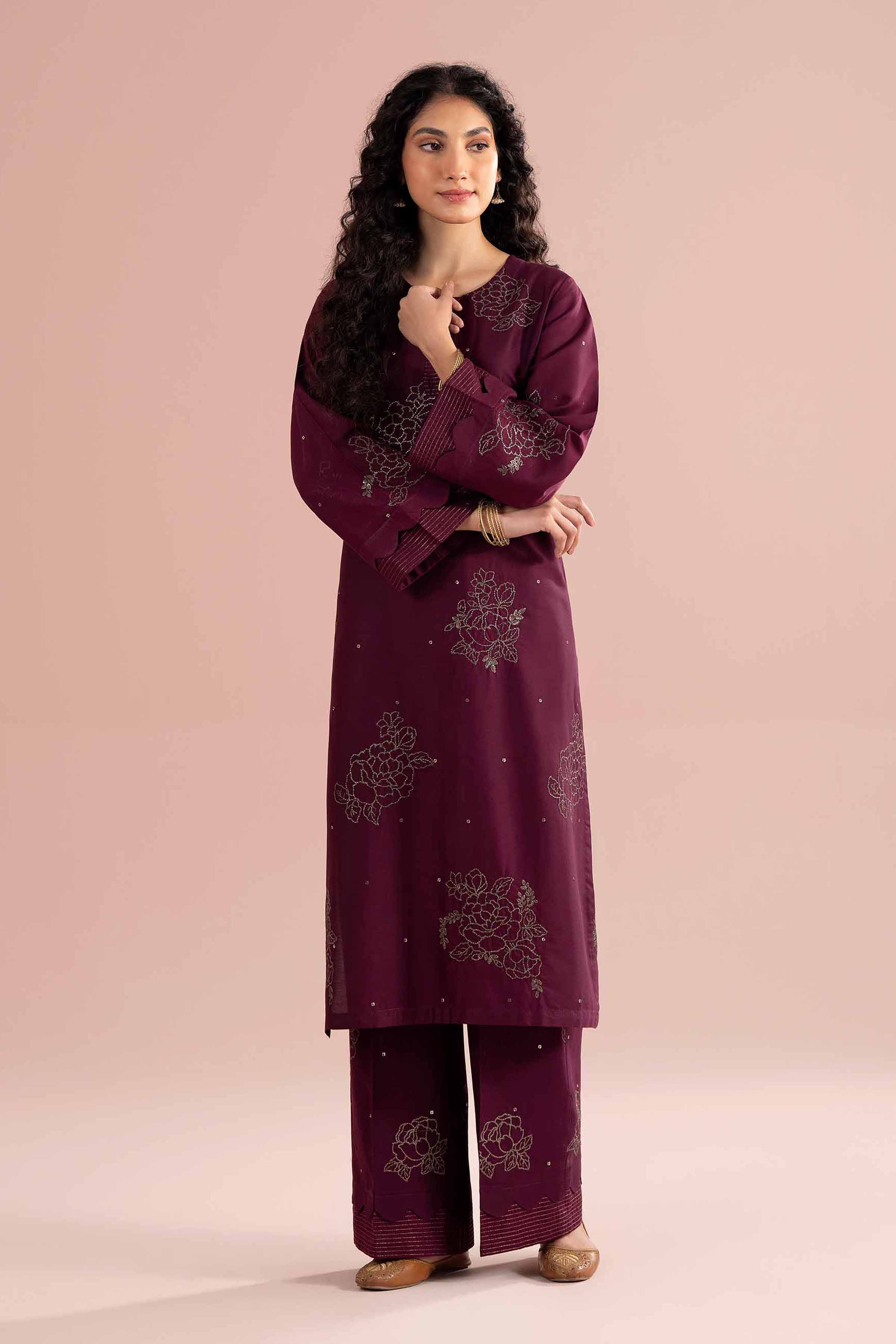 NishatUK - Purple Embroidered Cotton 2-piece ready to wear Dress