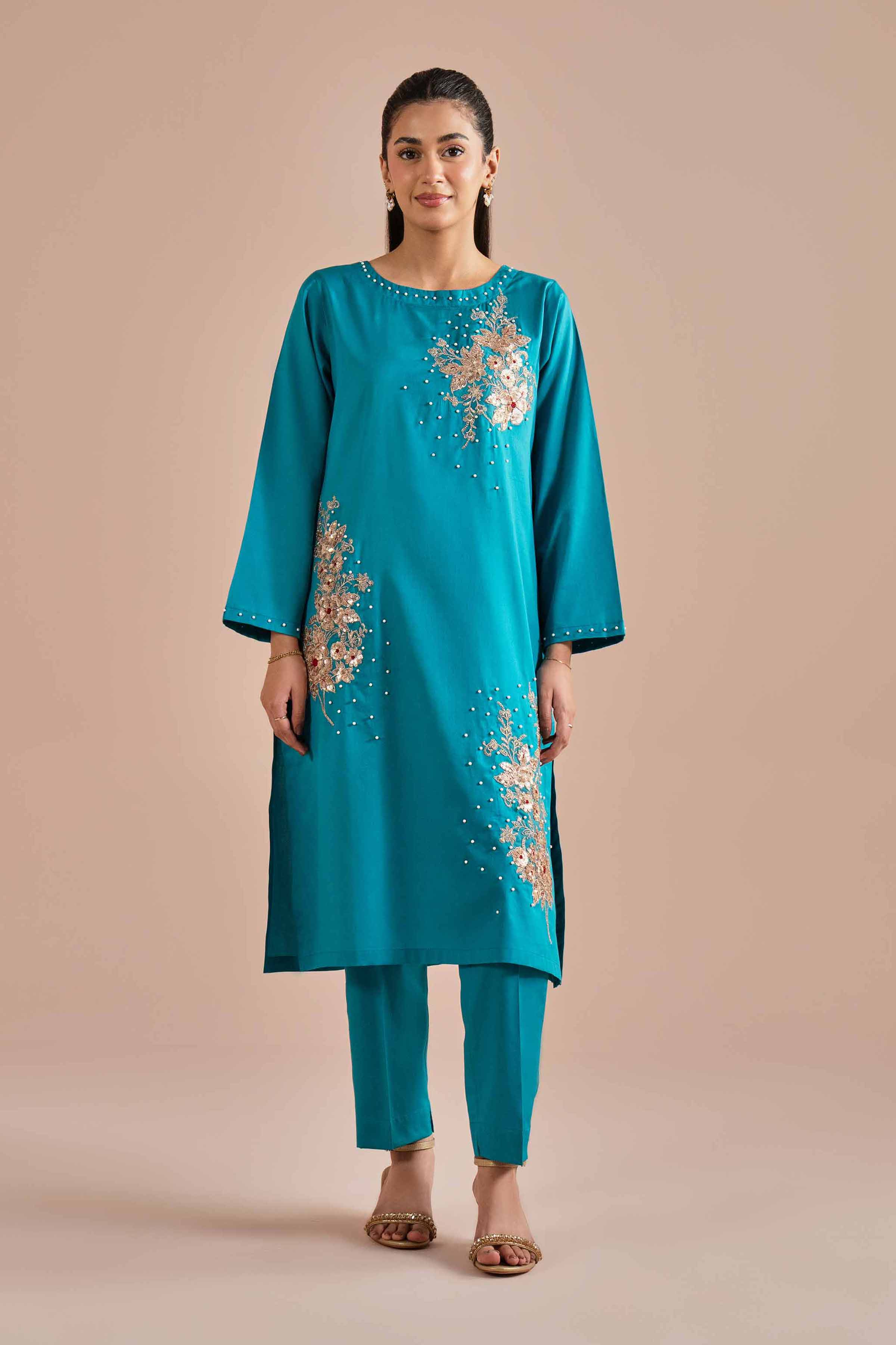 NishatUK - Blue Embroidered Cotton 2-piece ready to wear Dress