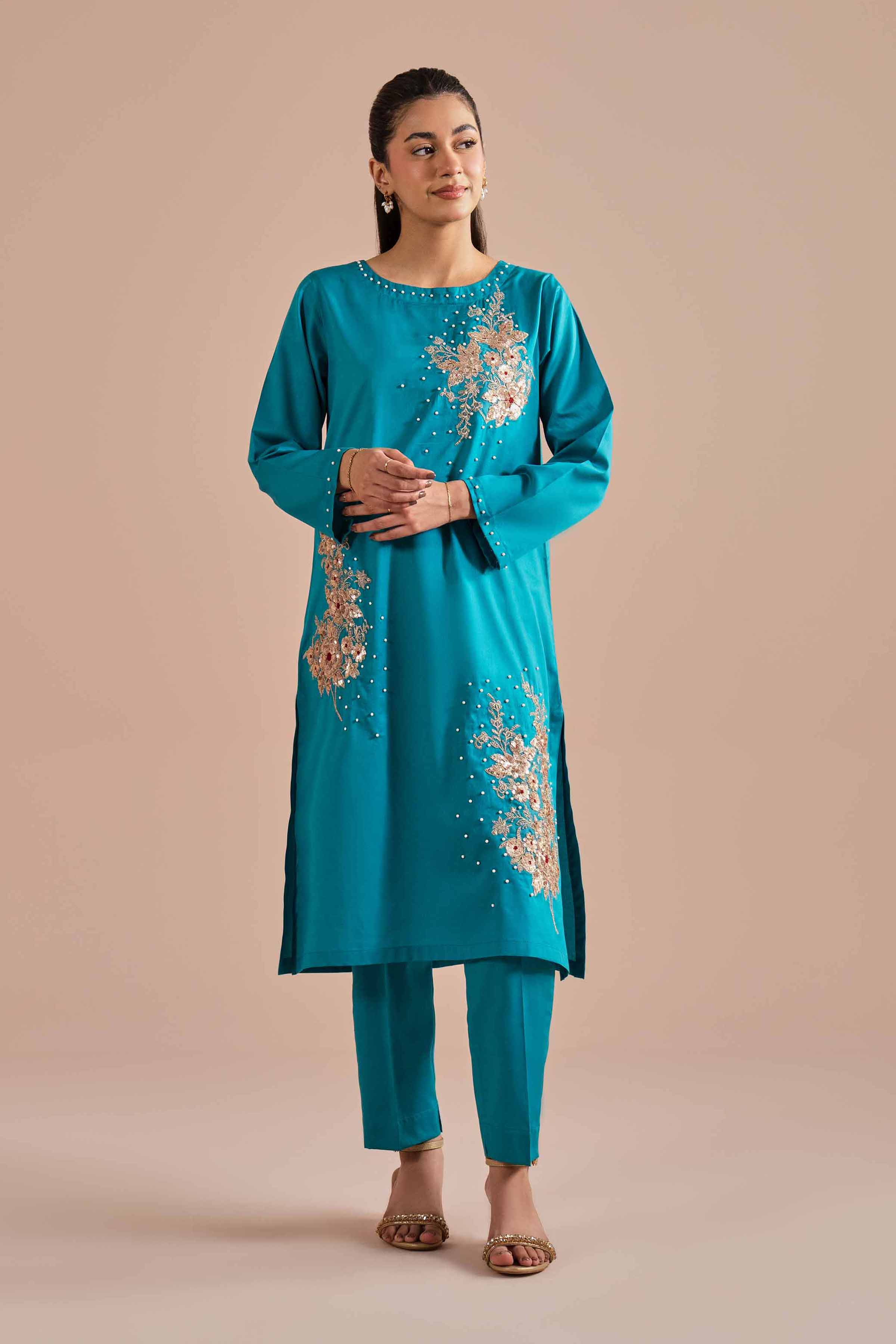 NishatUK - Blue Embroidered Cotton 2-piece ready to wear Dress