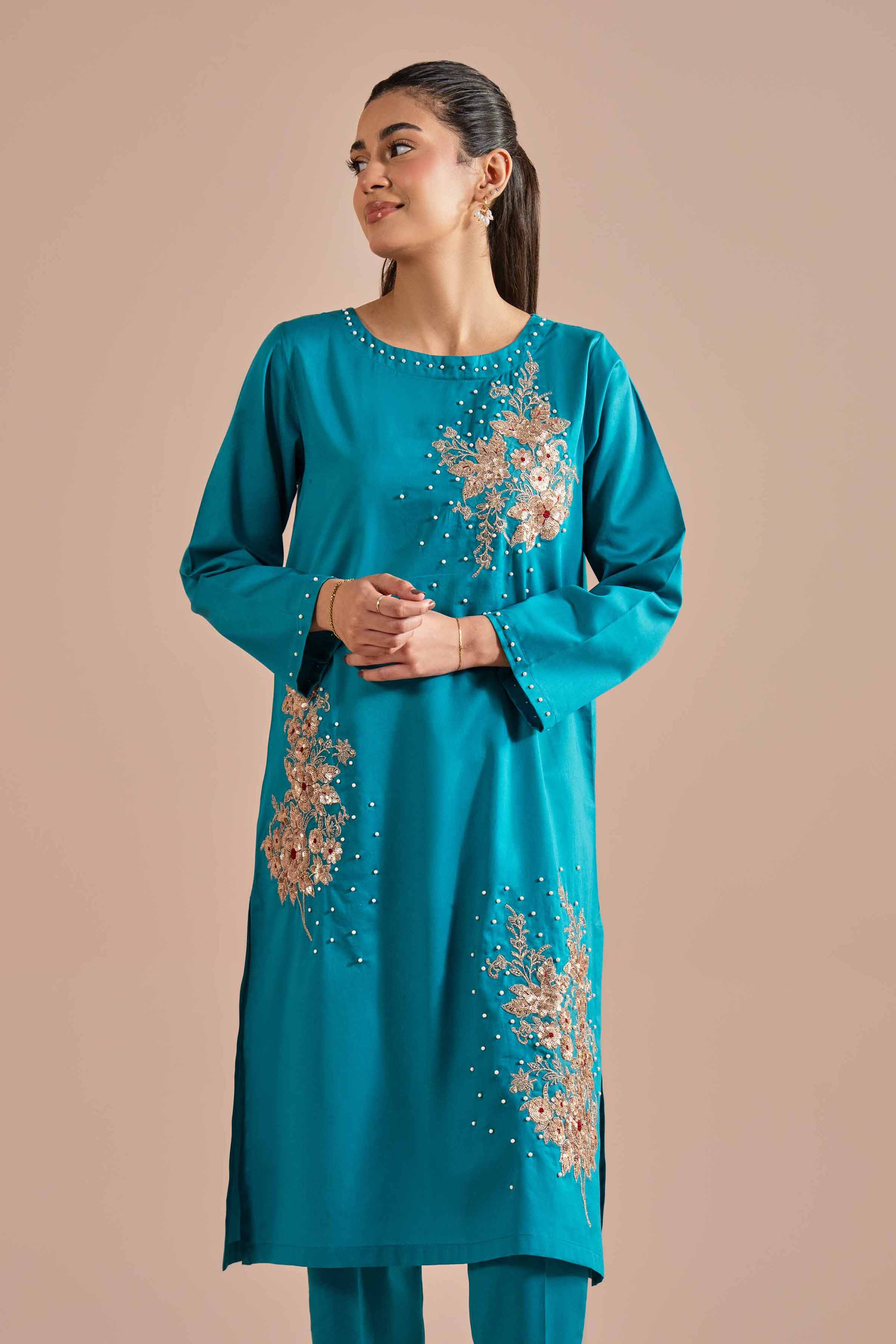 NishatUK - Blue Embroidered Cotton 2-piece ready to wear Dress