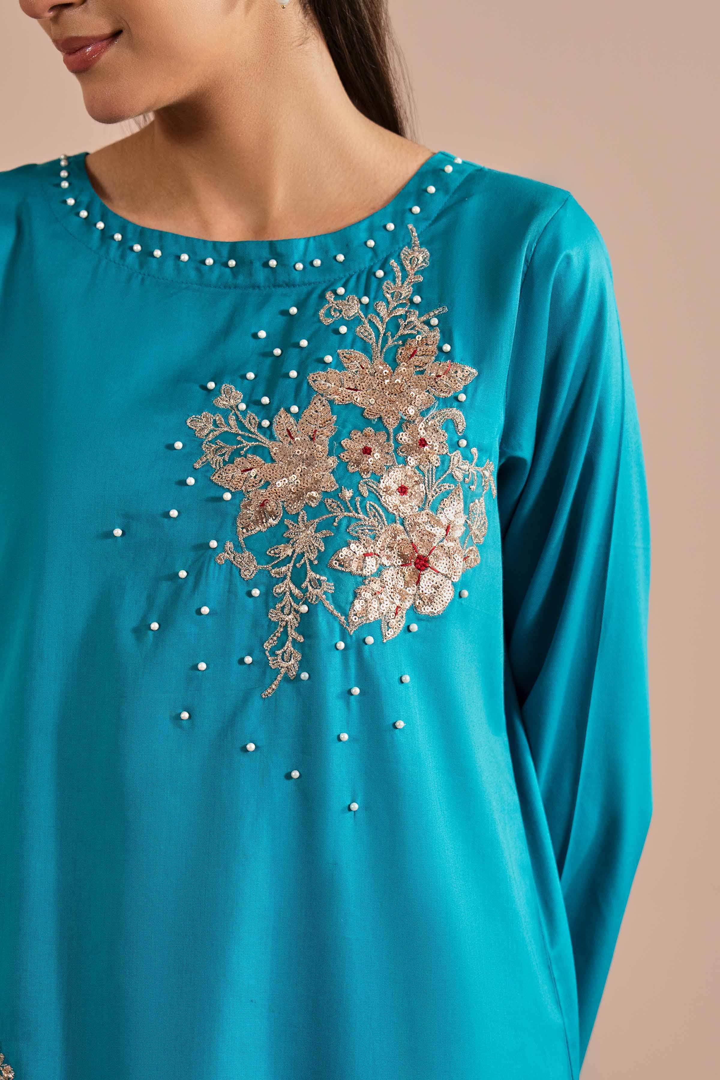 NishatUK - Blue Embroidered Cotton 2-piece ready to wear Dress