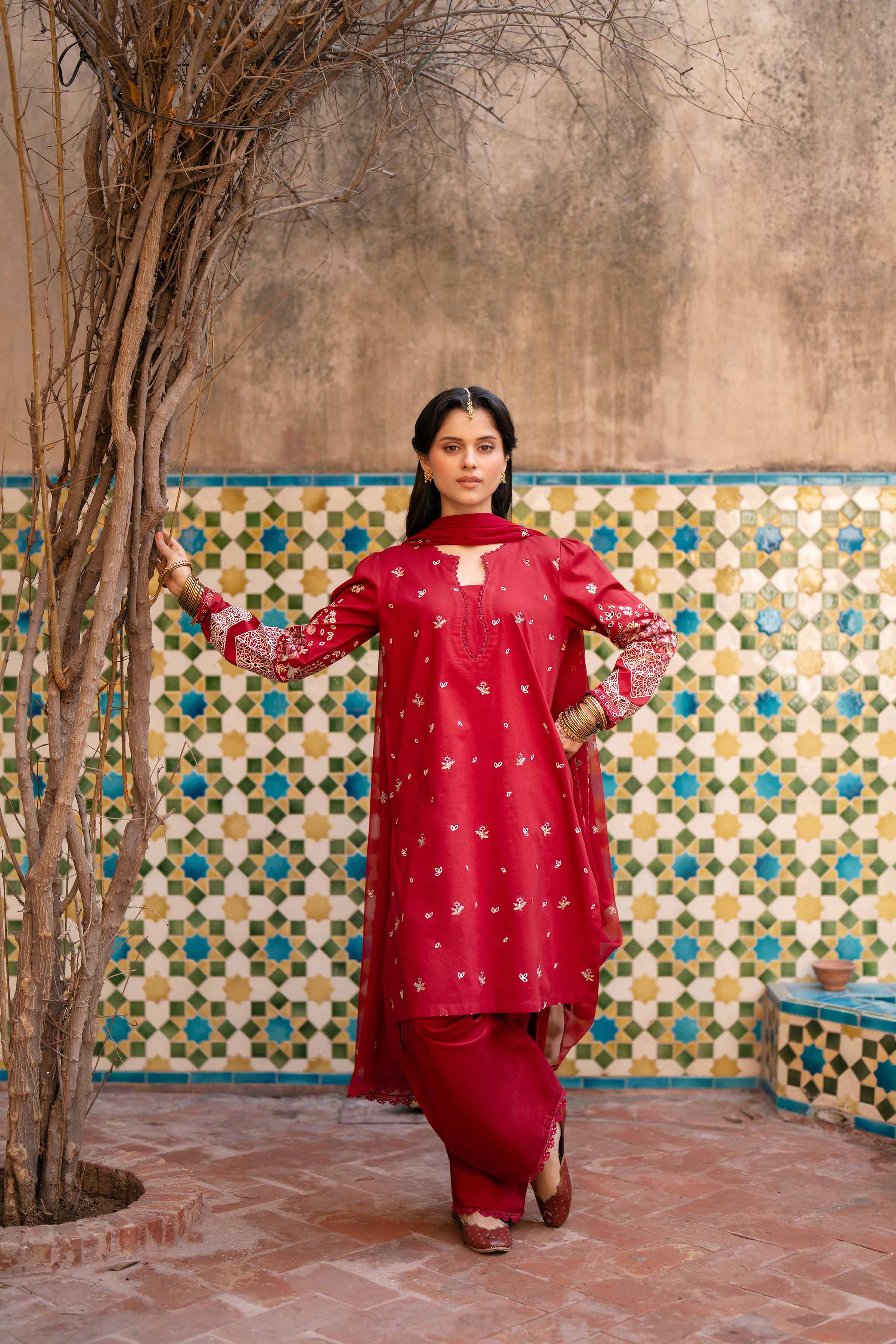 NishatUK - Red Embroidered Cambric ready to wear Suit