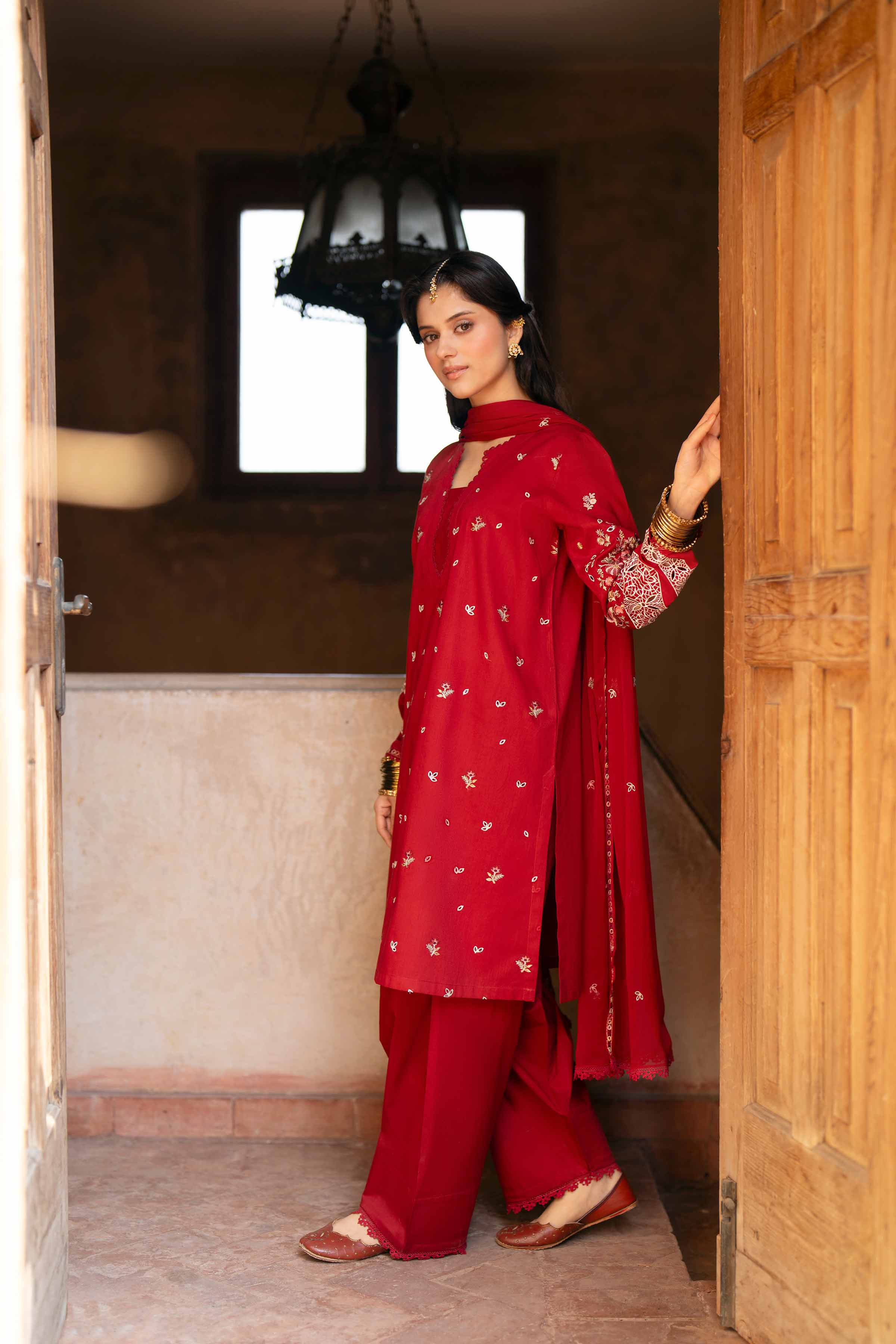 NishatUK - Red Embroidered Cambric ready to wear Suit