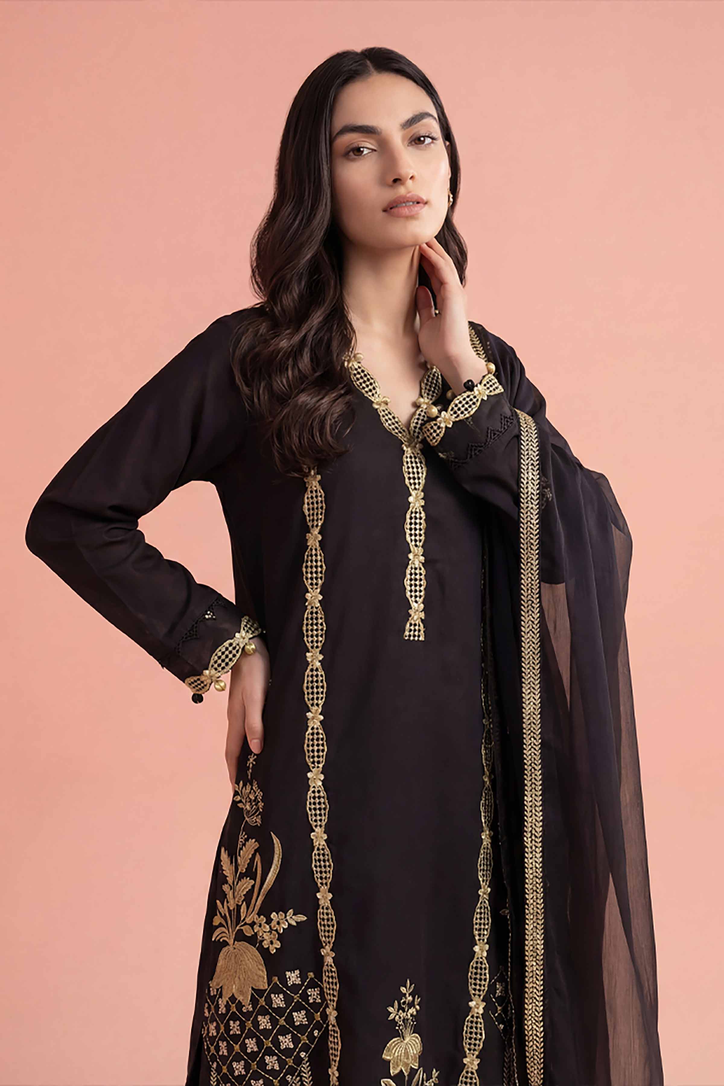 NishatUK - Black Embroidered Cambric 3-piece ready to wear Suit