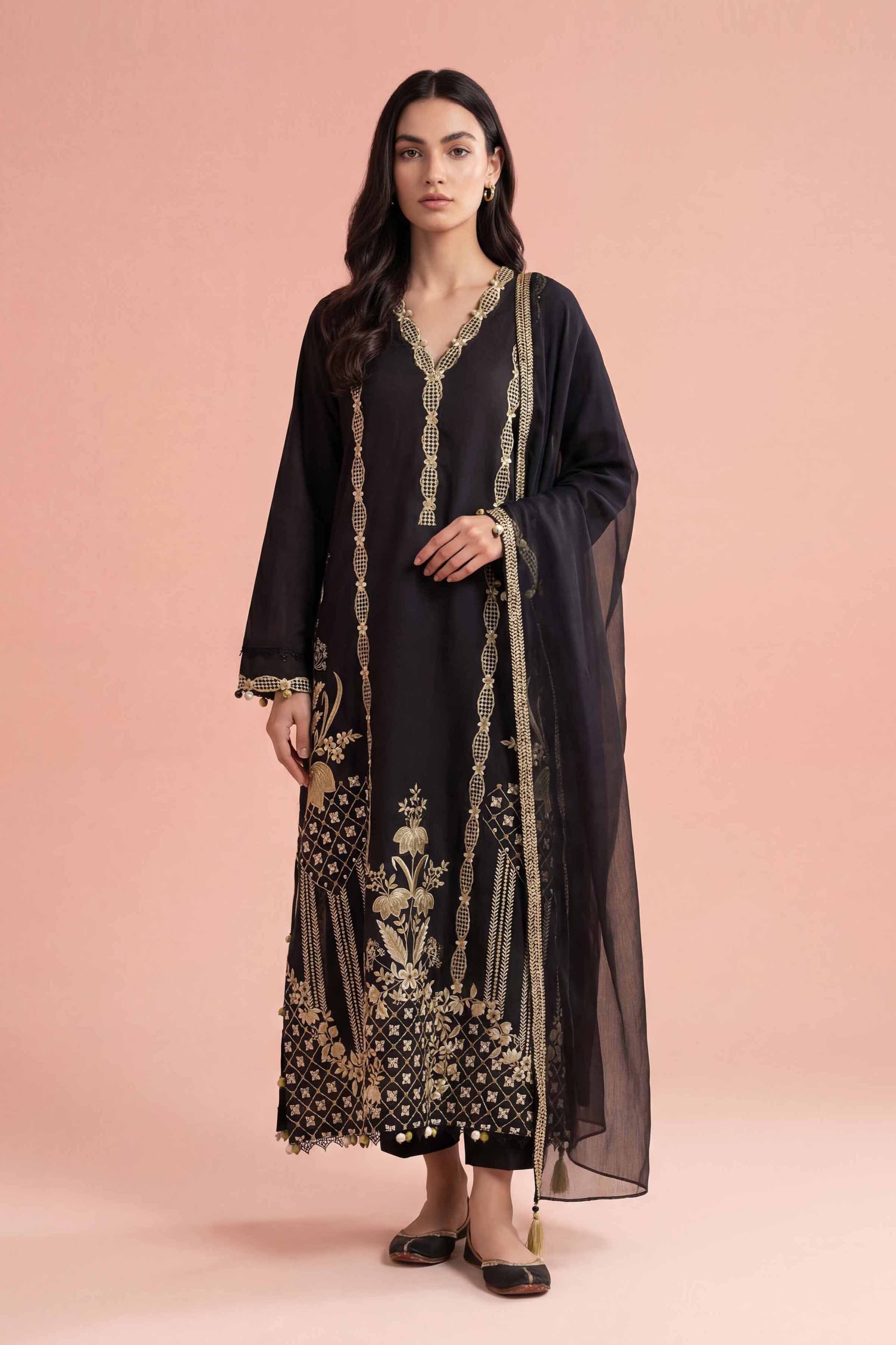 NishatUK - Black Embroidered Cambric 3-piece ready to wear Suit