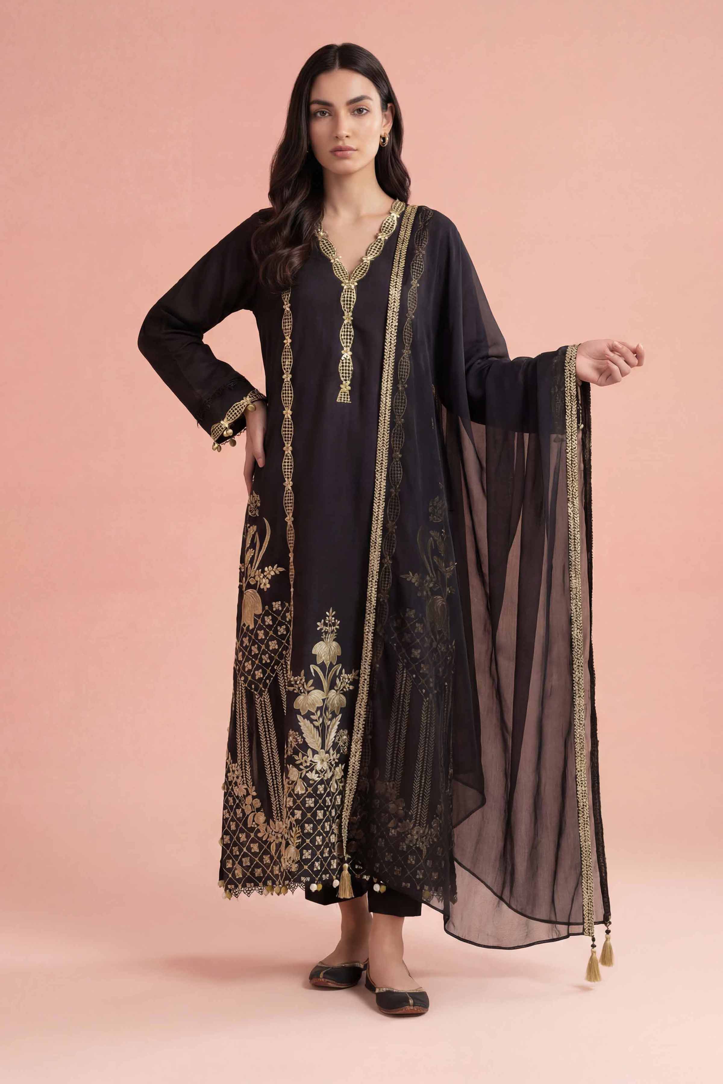 NishatUK - Black Embroidered Cambric 3-piece ready to wear Suit
