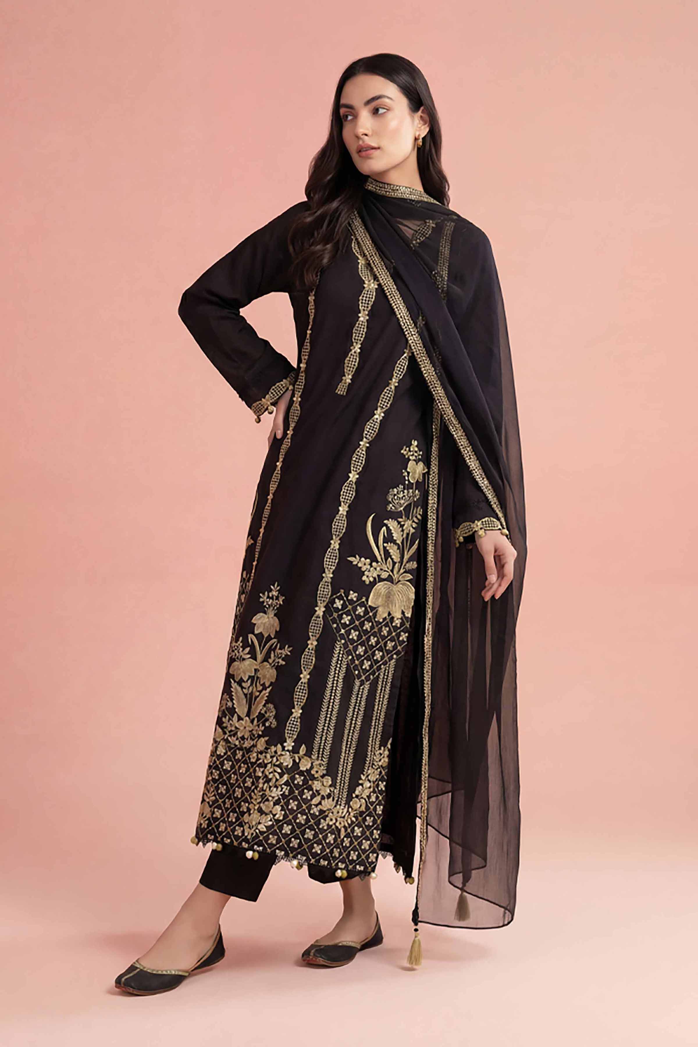 NishatUK - Black Embroidered Cambric 3-piece ready to wear Suit