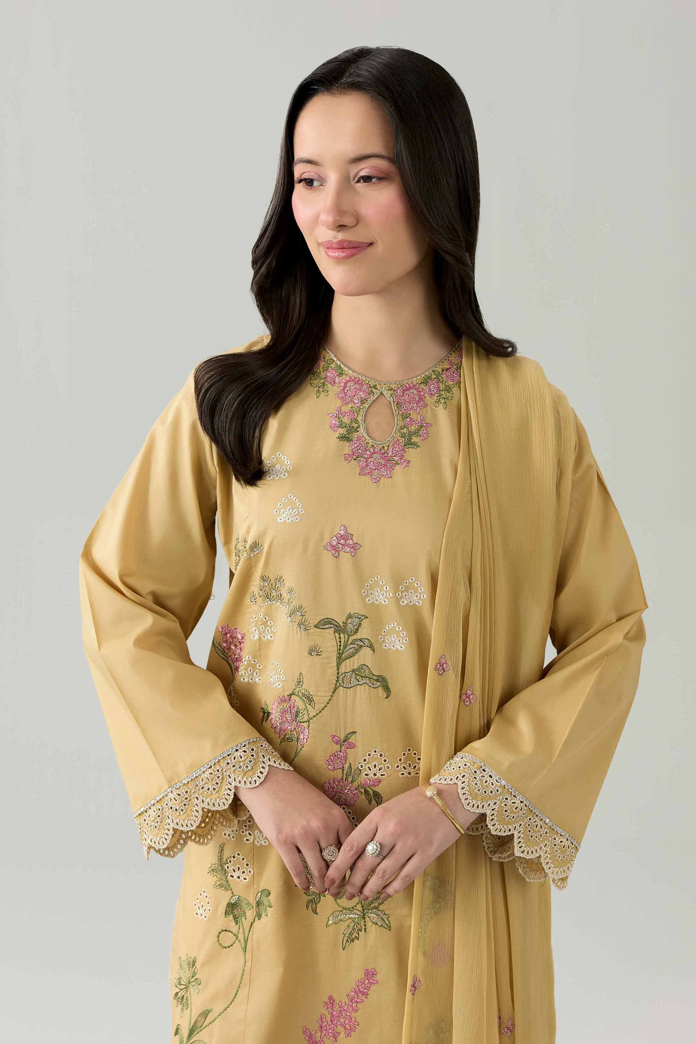 Nishat UK - Beige Embroidered Cambric 3 Pieces ready to wear Suit