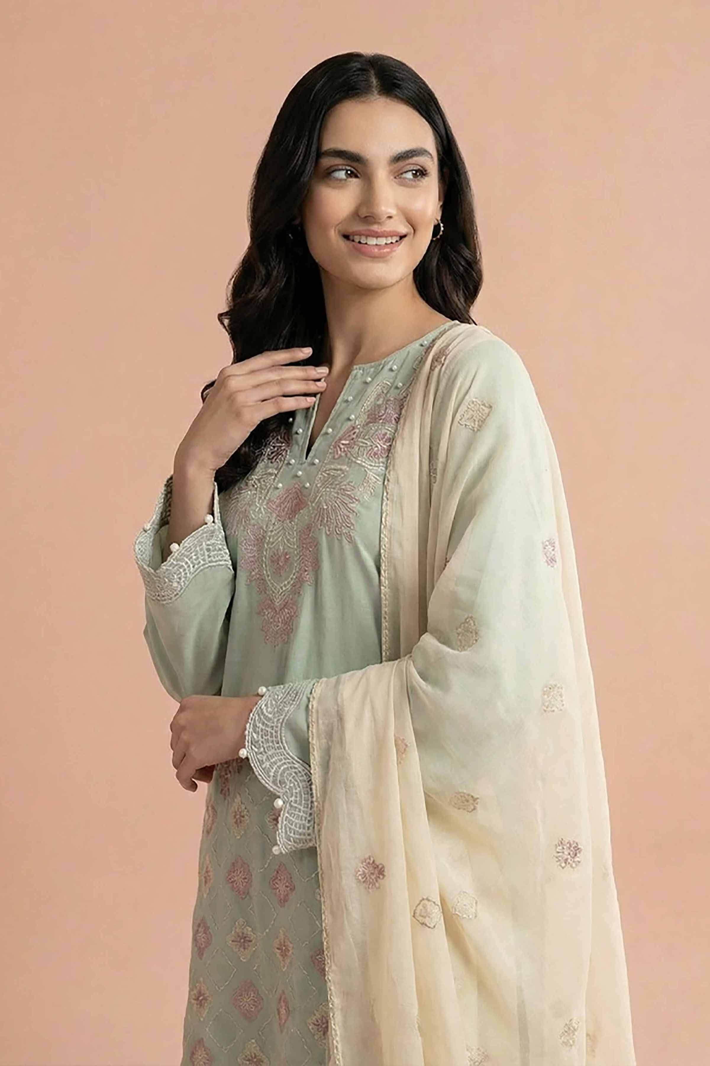 NishatUK - Green Embroidered Cambric 3-piece ready to wear Suit