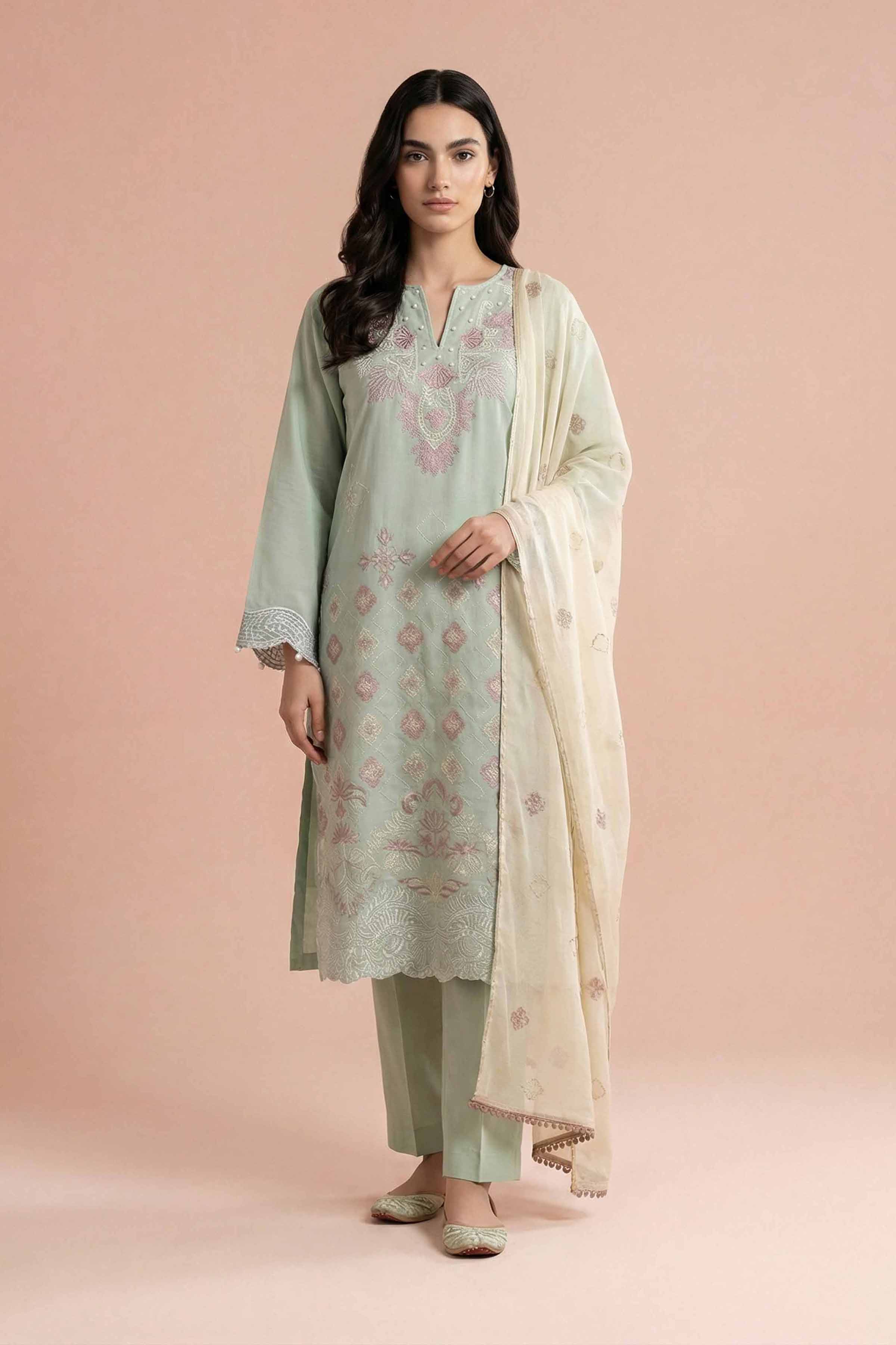 NishatUK - Green Embroidered Cambric 3-piece ready to wear Suit