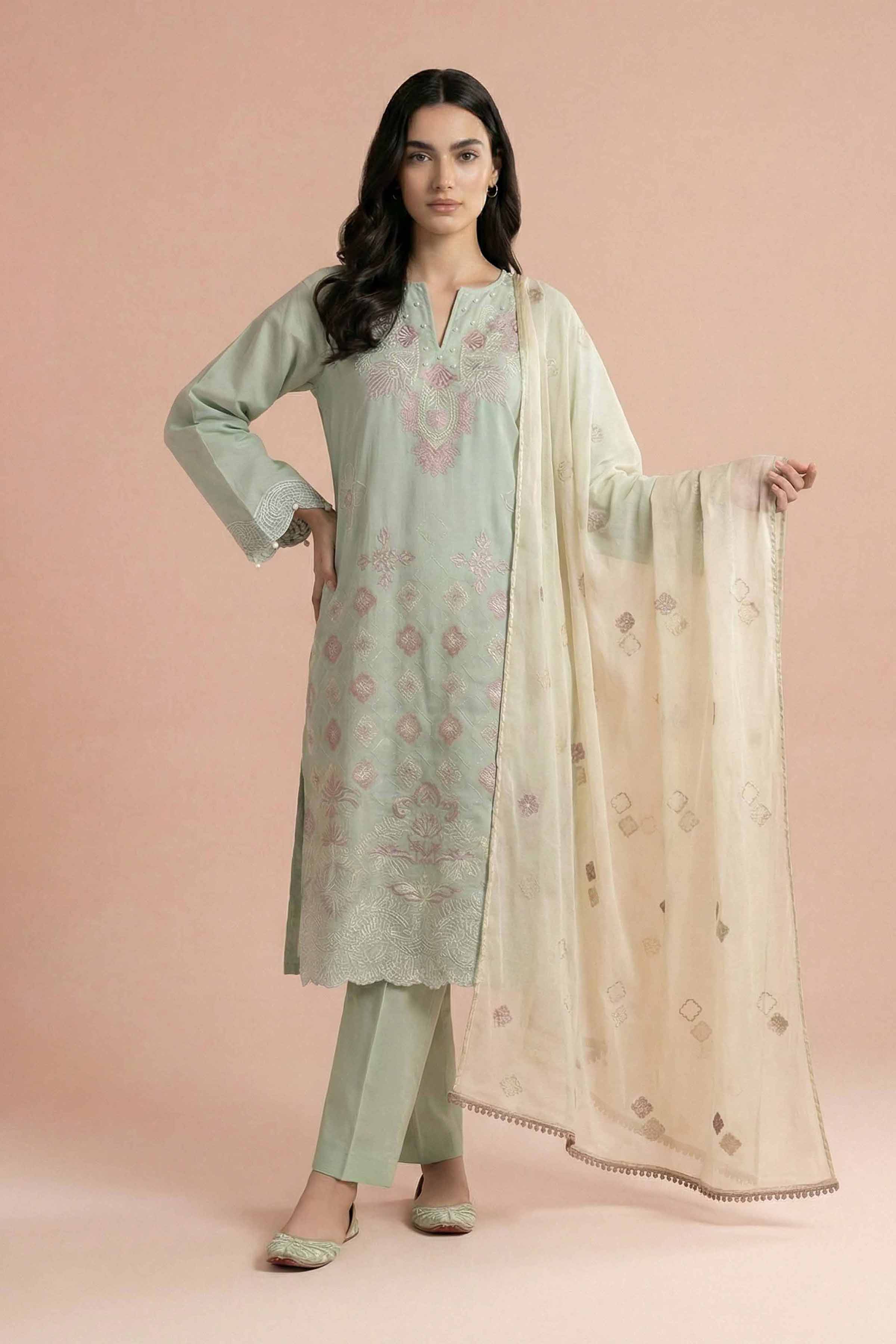 NishatUK - Green Embroidered Cambric 3-piece ready to wear Suit