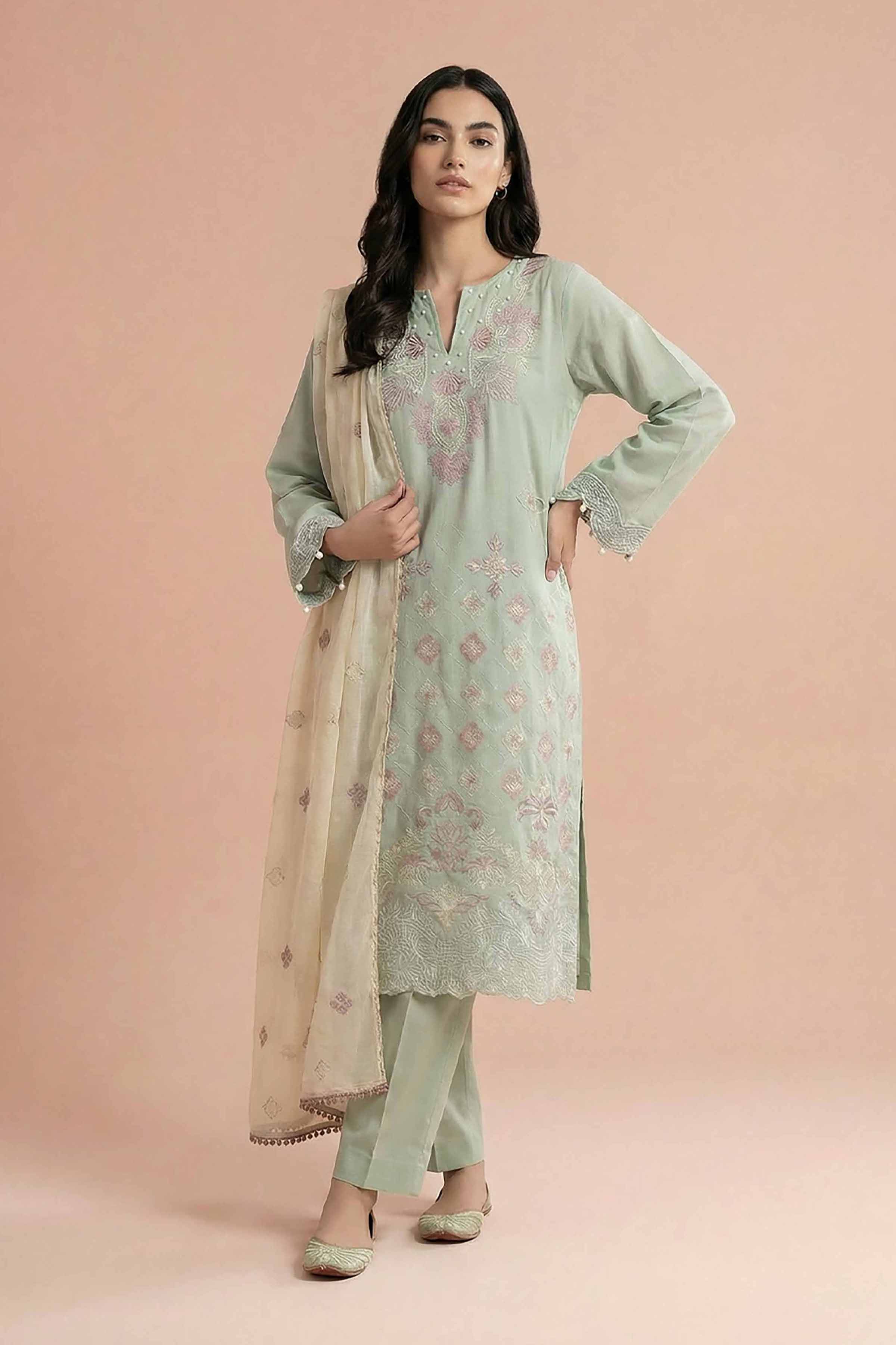 NishatUK - Green Embroidered Cambric 3-piece ready to wear Suit