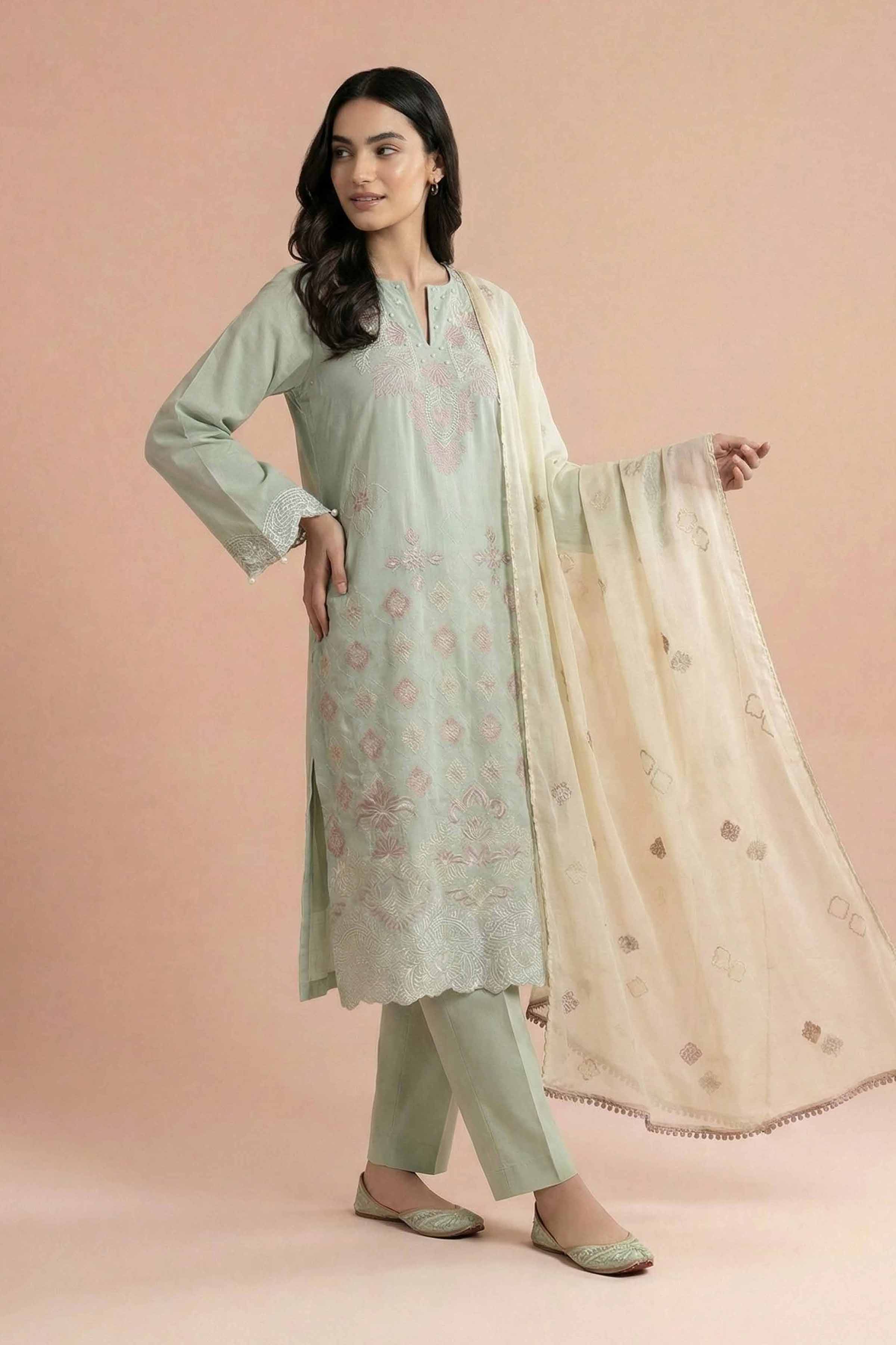 NishatUK - Green Embroidered Cambric 3-piece ready to wear Suit