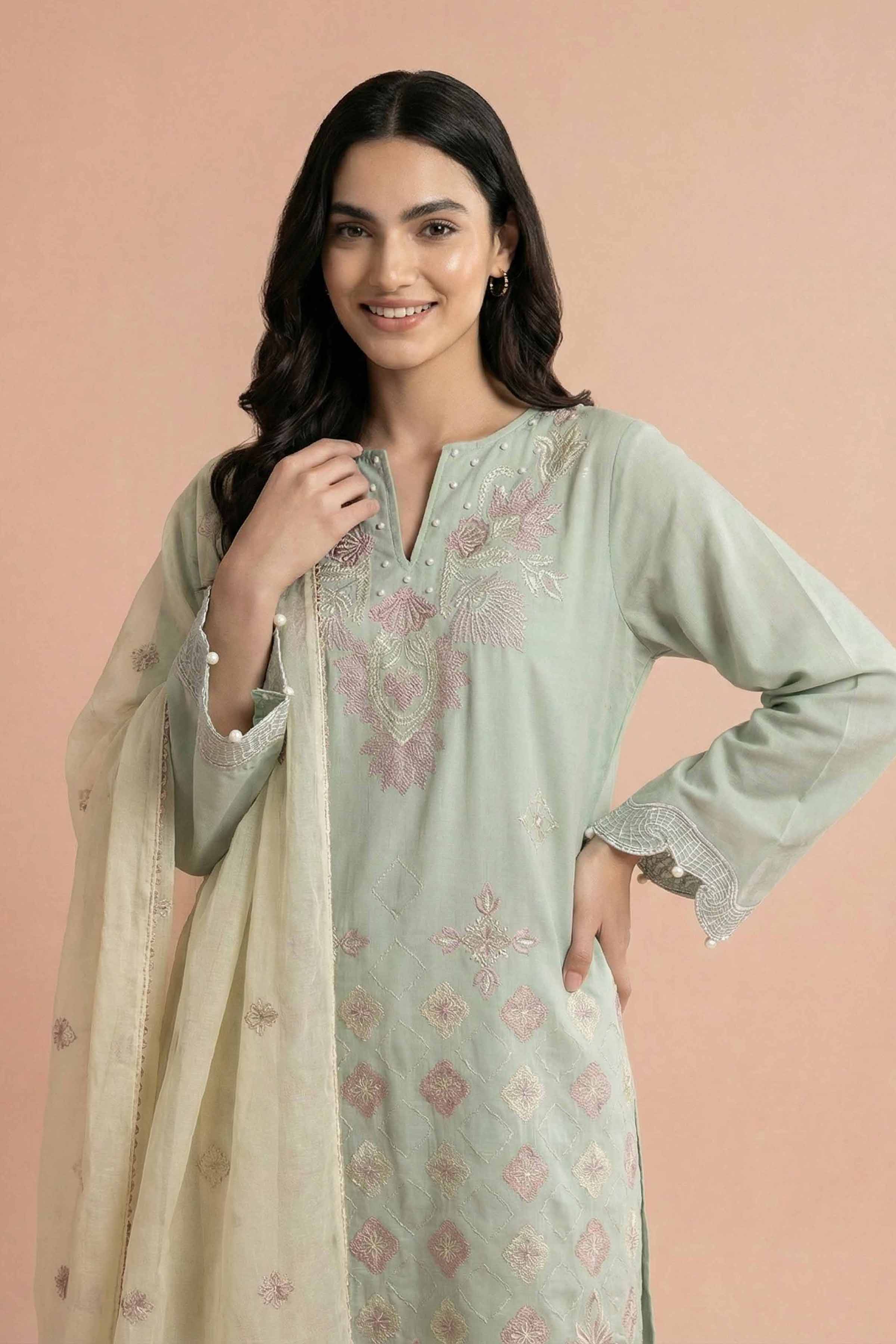 NishatUK - Green Embroidered Cambric 3-piece ready to wear Suit