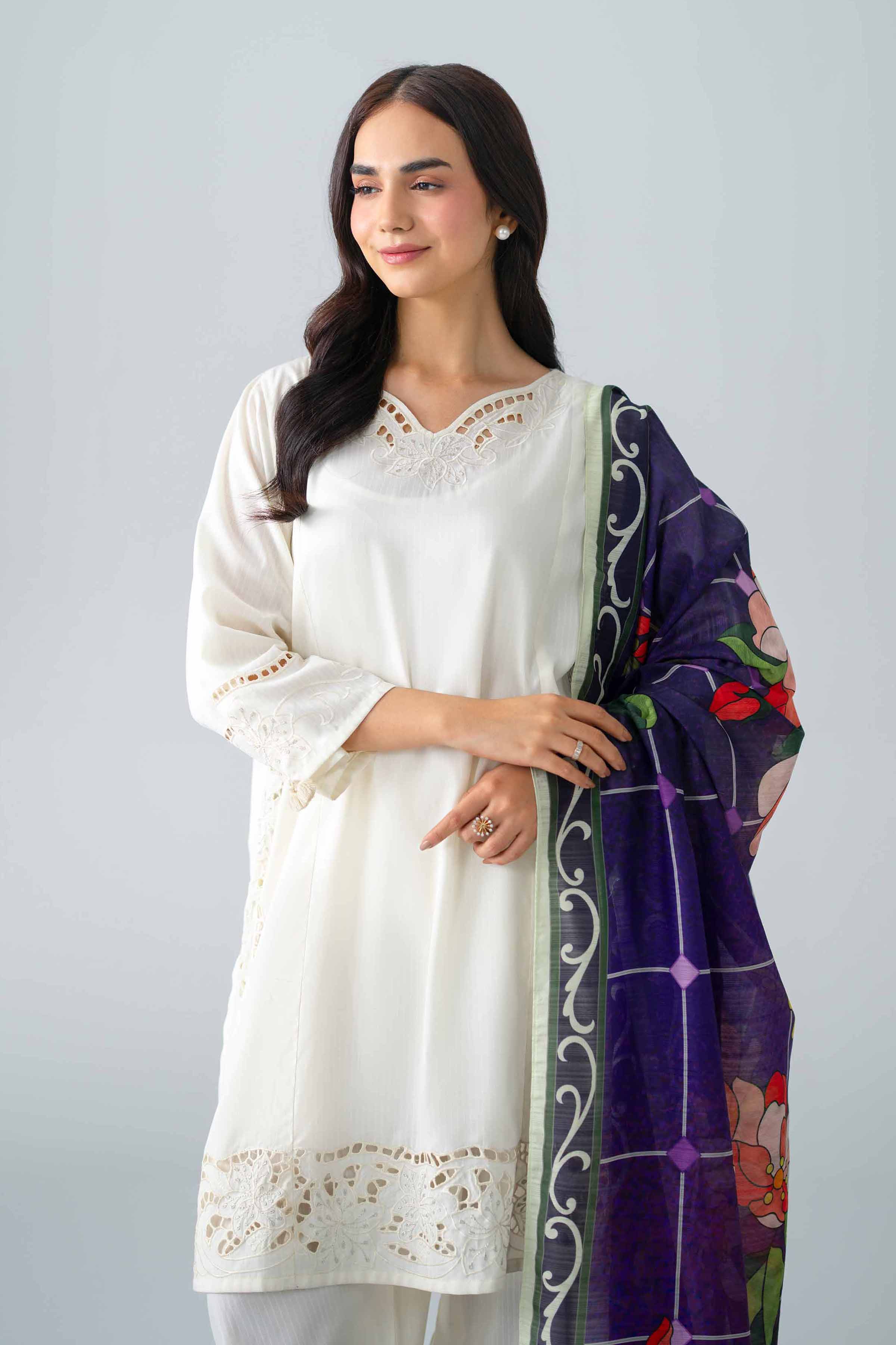 Nishat UK - Off White Embroidered Linen 3 Piece ready to wear Suit