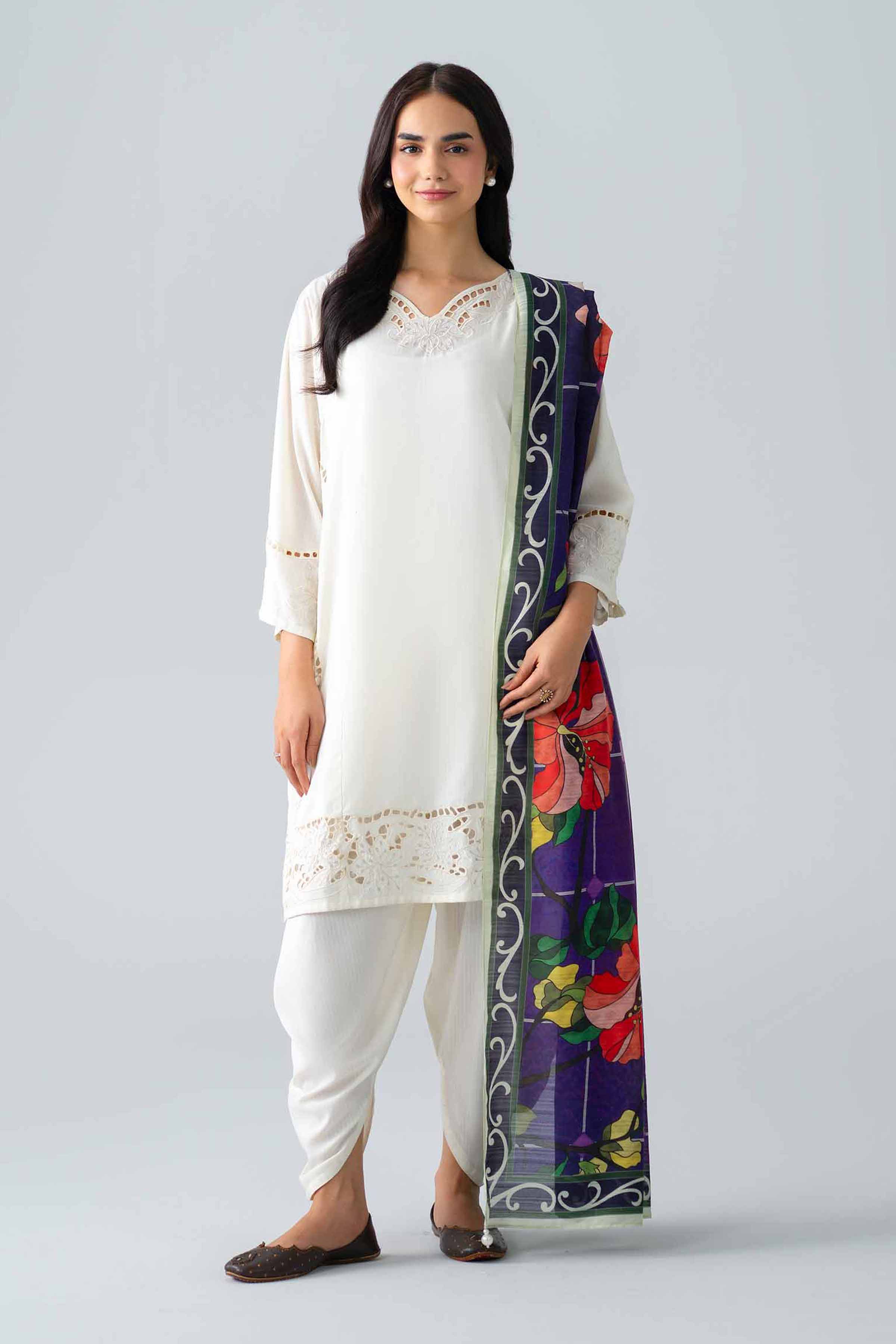 Nishat UK - Off White Embroidered Linen 3 Piece ready to wear Suit