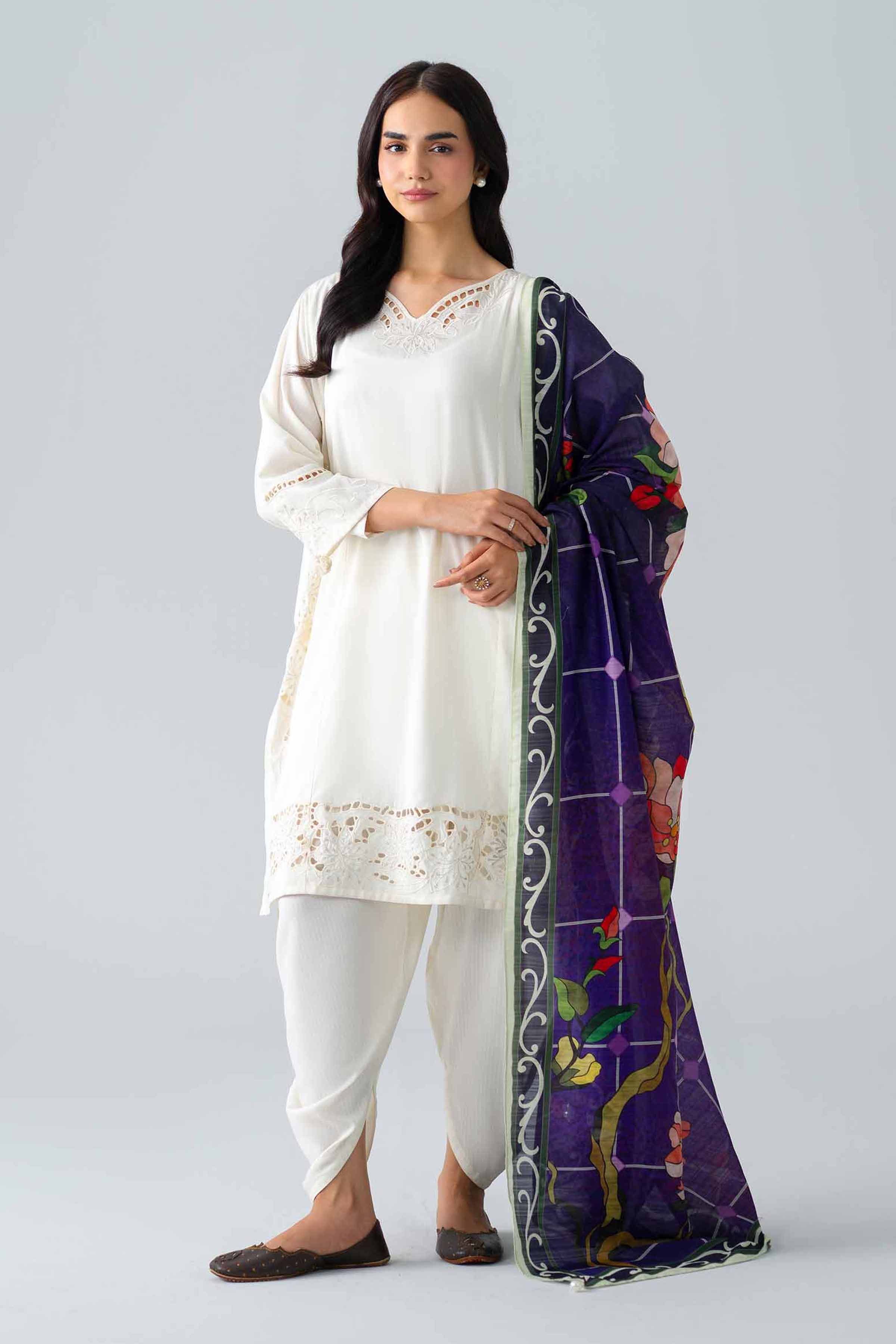 Nishat UK - Off White Embroidered Linen 3 Piece ready to wear Suit