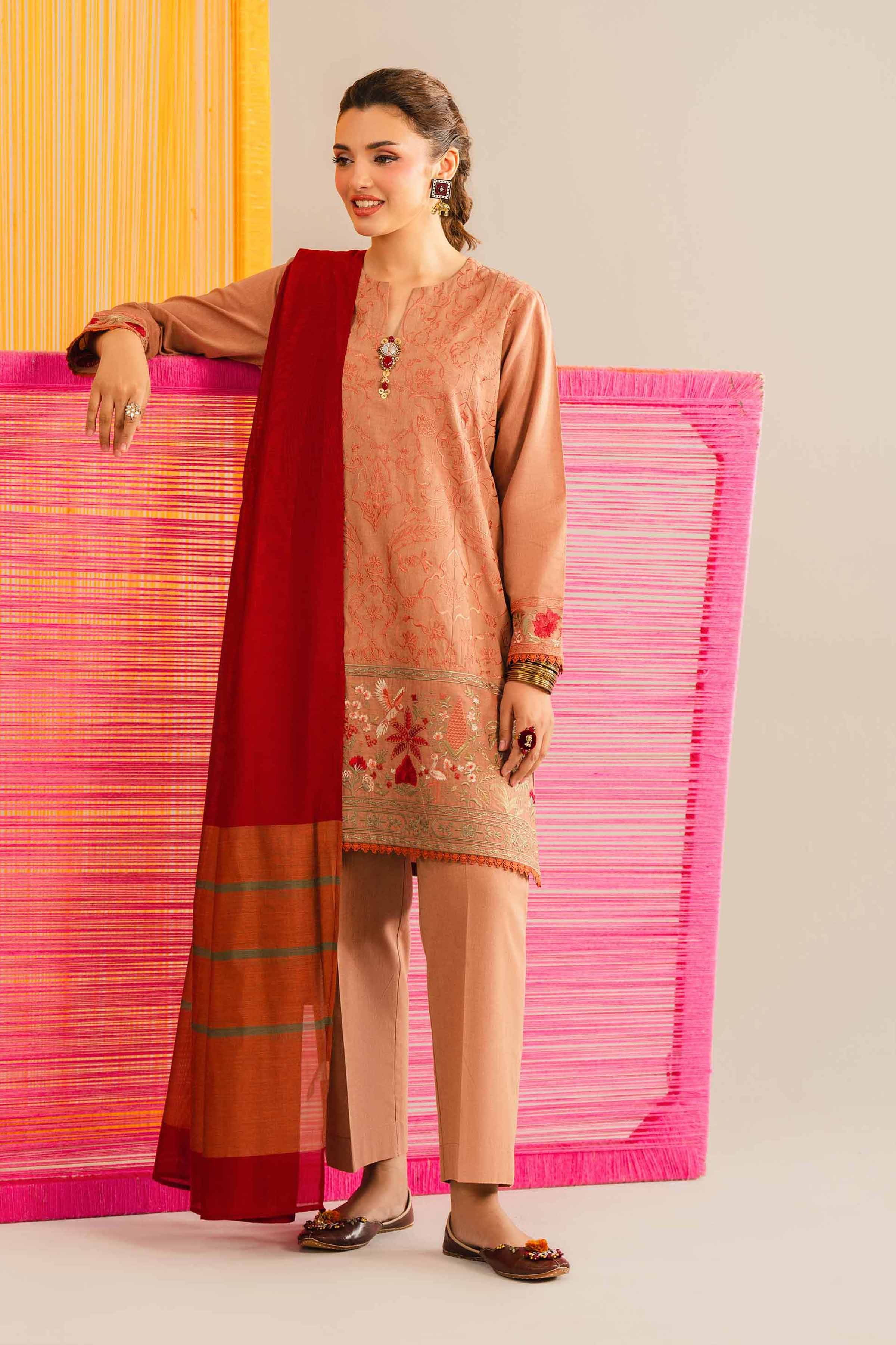 NishatUK - Orange Embroidered Yarn Dyed 3-piece ready to wear Suit