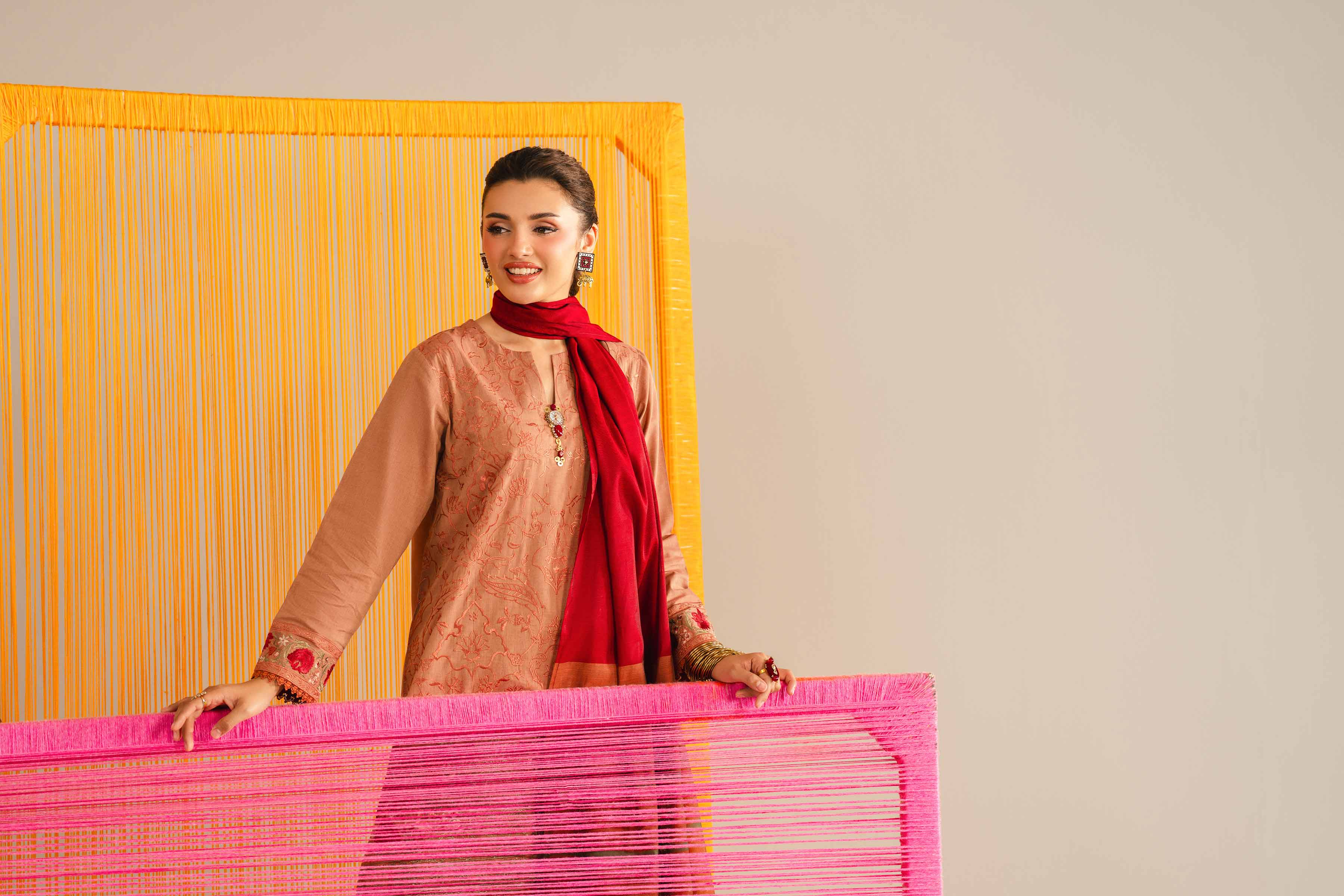 NishatUK - Orange Embroidered Yarn Dyed 3-piece ready to wear Suit