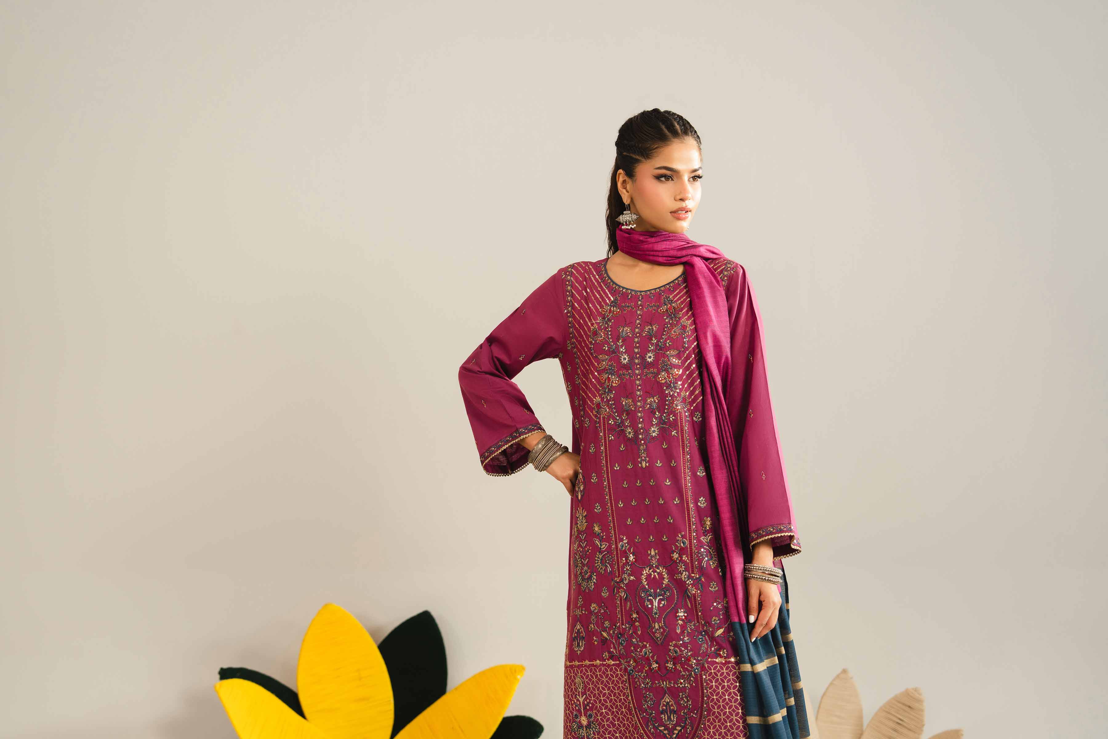 NishatUK - Purple Embroidered Yarn Dyed 3-piece ready to wear Suit