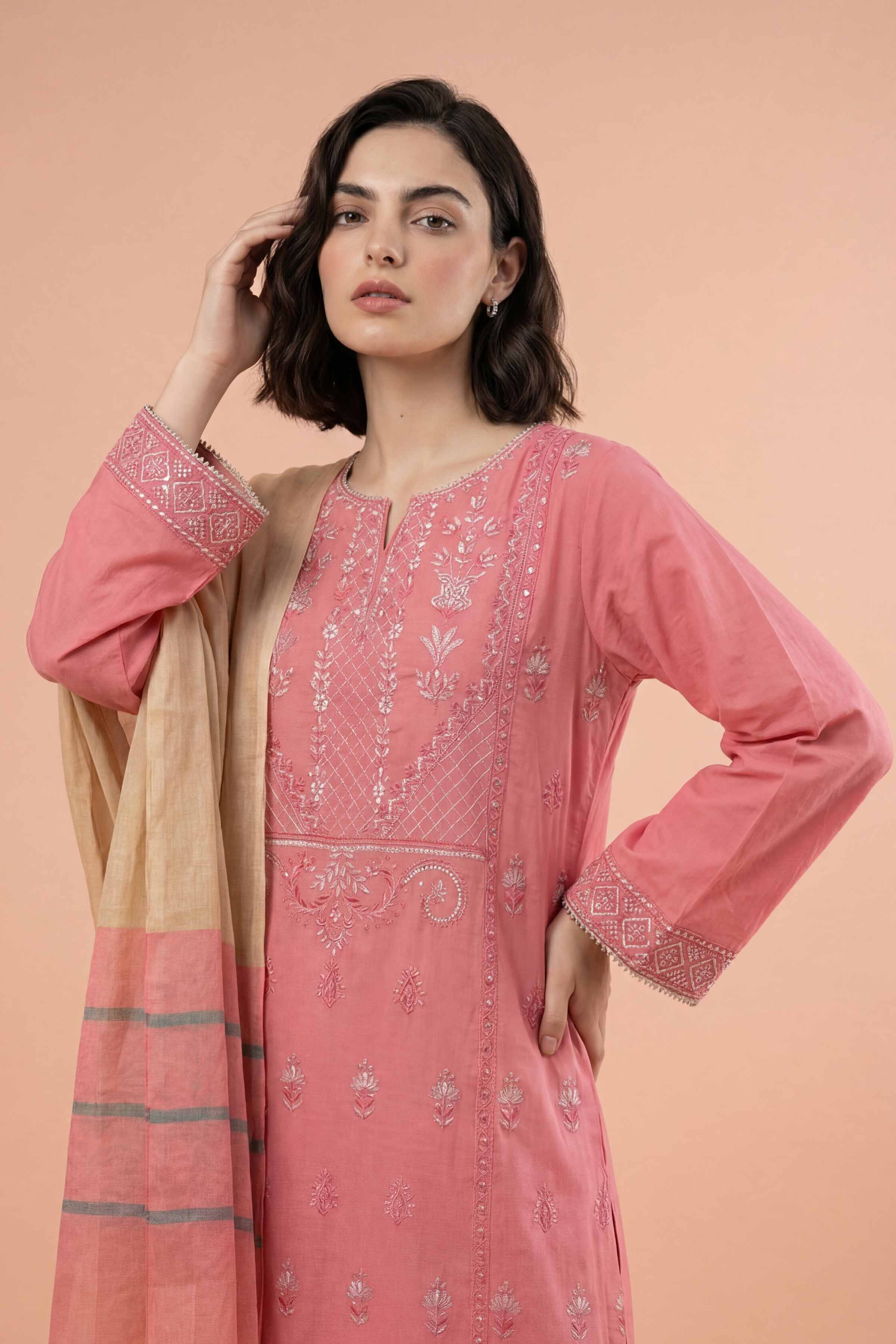 NishatUK - Pink Embroidered Yarn Dyed 3-piece ready to wear Suit