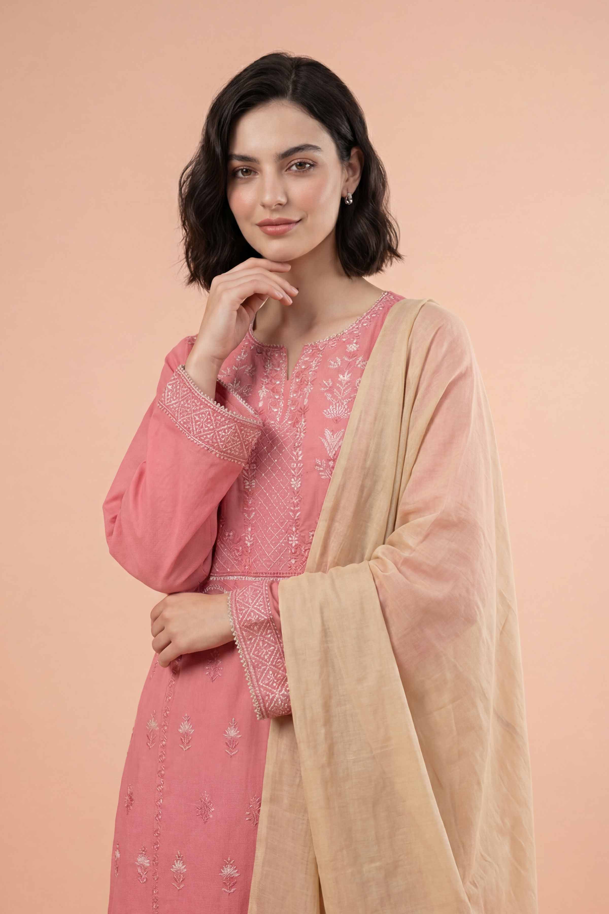 NishatUK - Pink Embroidered Yarn Dyed 3-piece ready to wear Suit