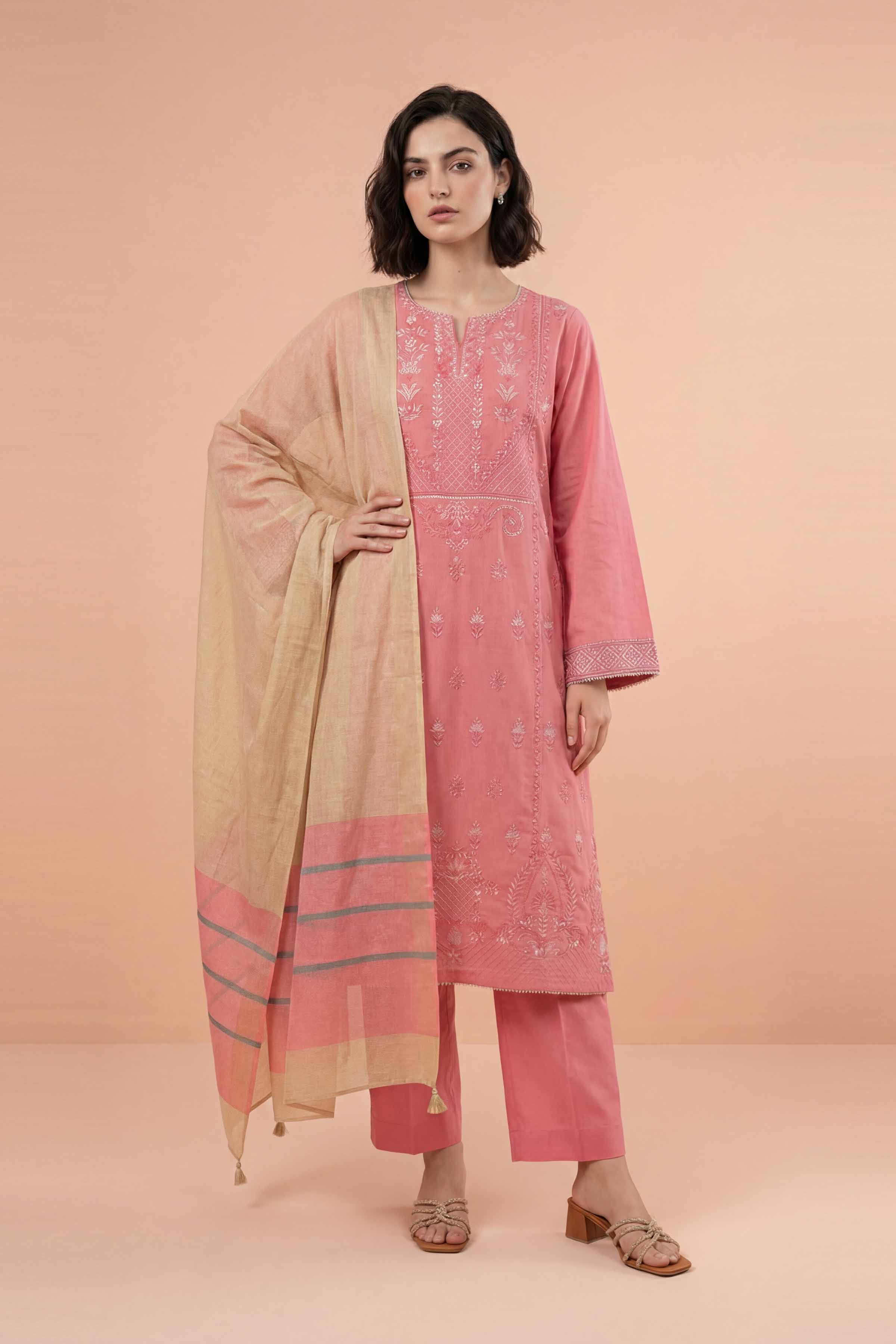 NishatUK - Pink Embroidered Yarn Dyed 3-piece ready to wear Suit