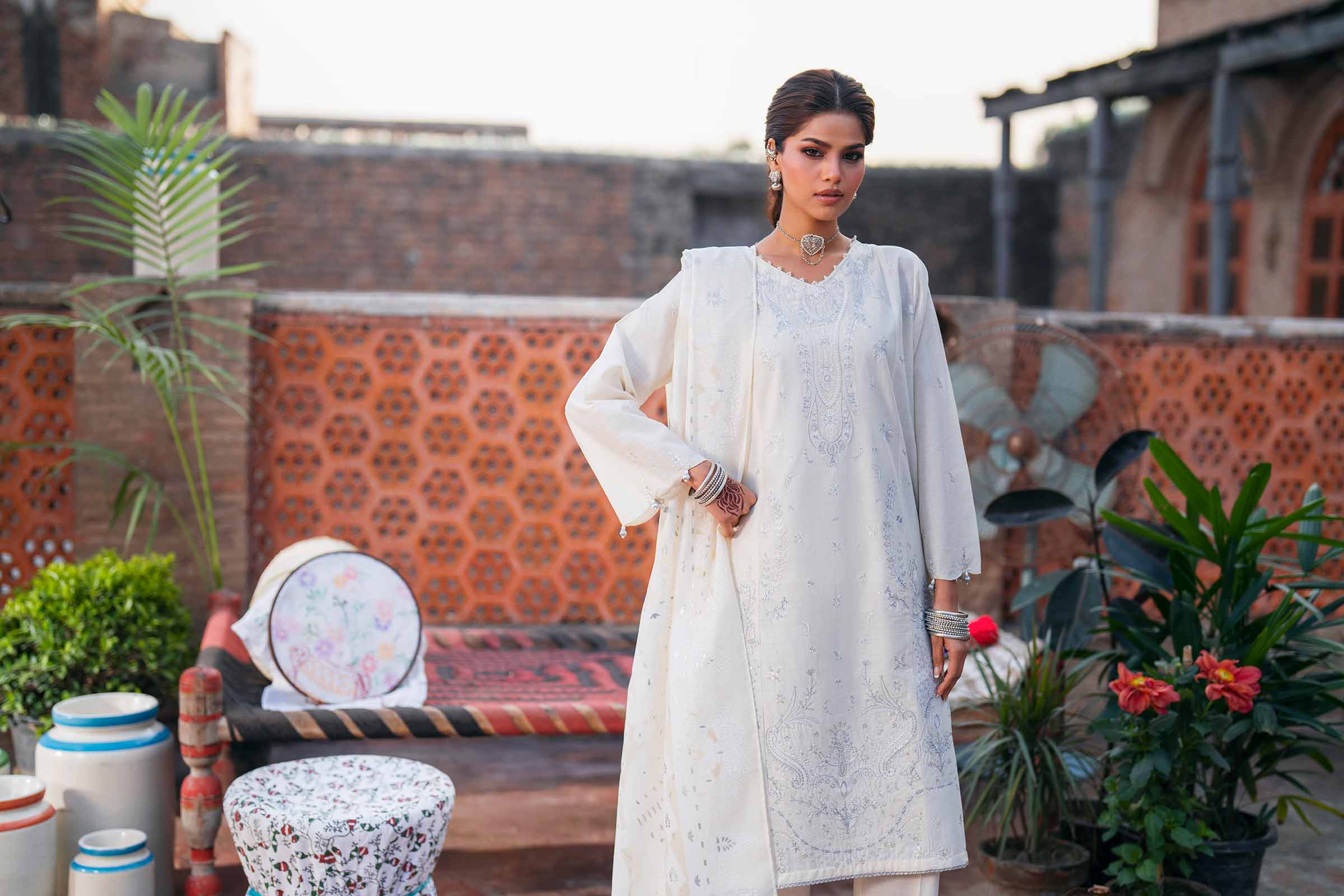 NishatUK - Off White Embroidered Cross Hatch 3-piece ready to wear Suit