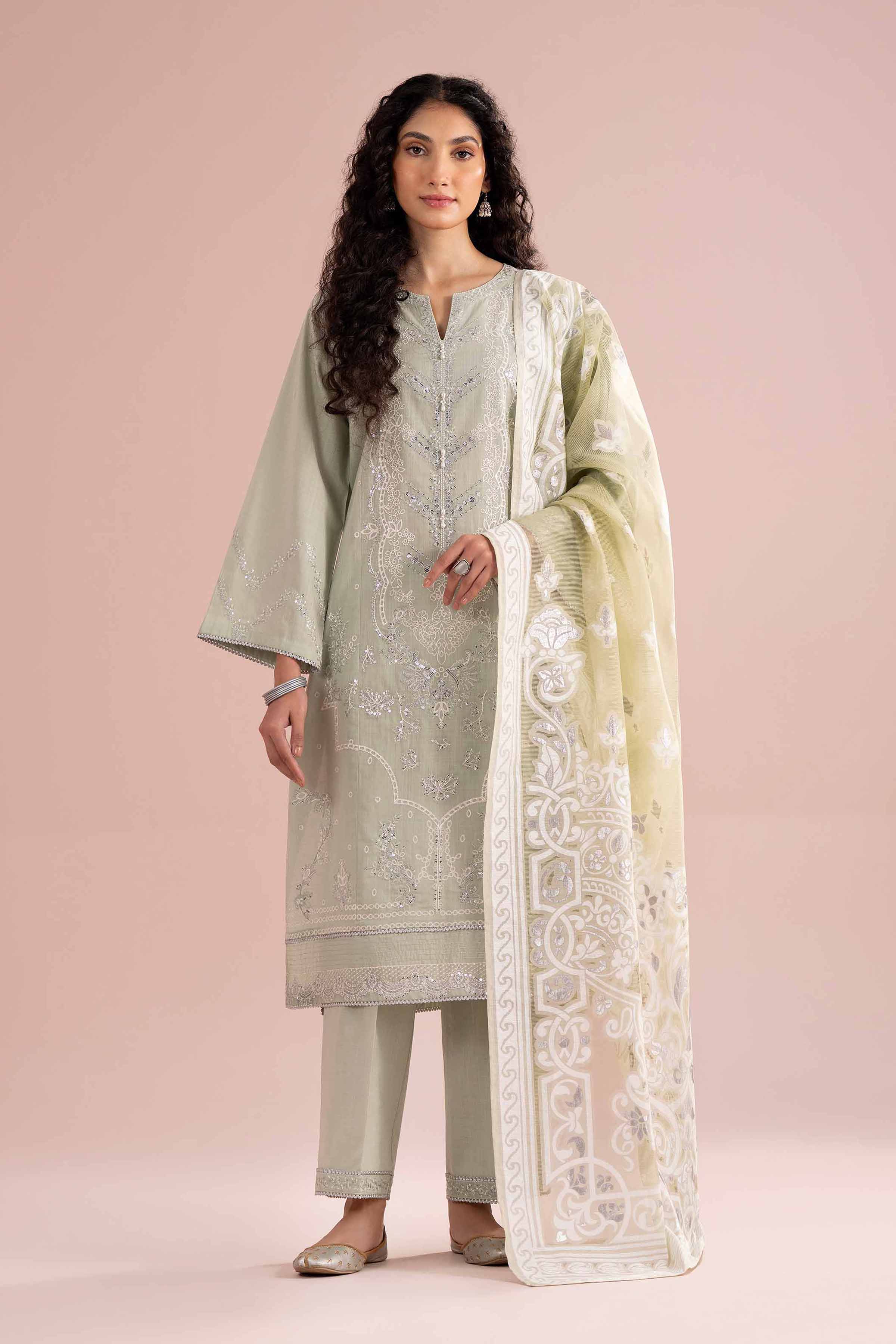 NishatUK - Green Embroidered Cross Hatch ready to wear Suit