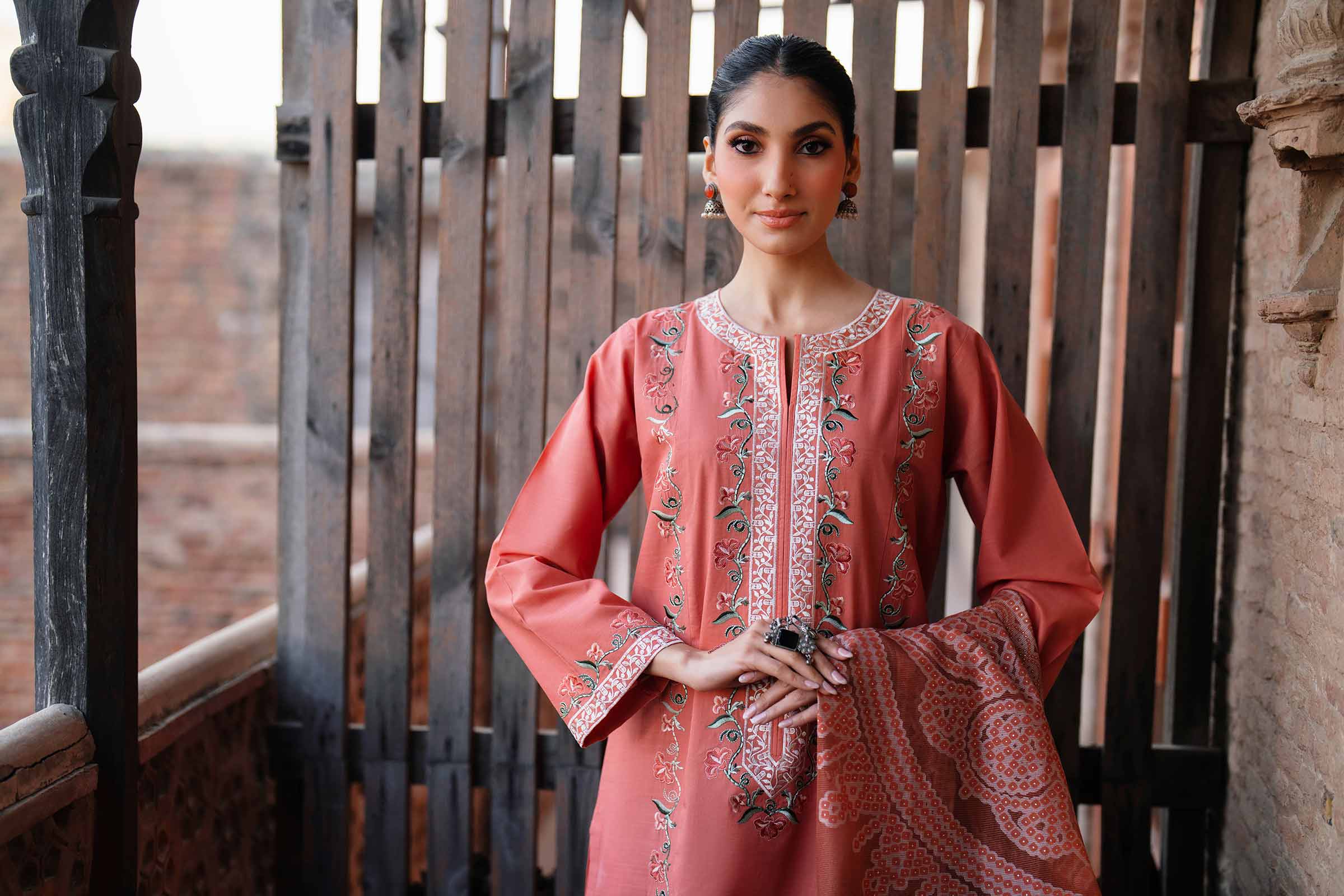 NishatUK - Orange Embroidered Cross Hatch 3-piece ready to wear Suit