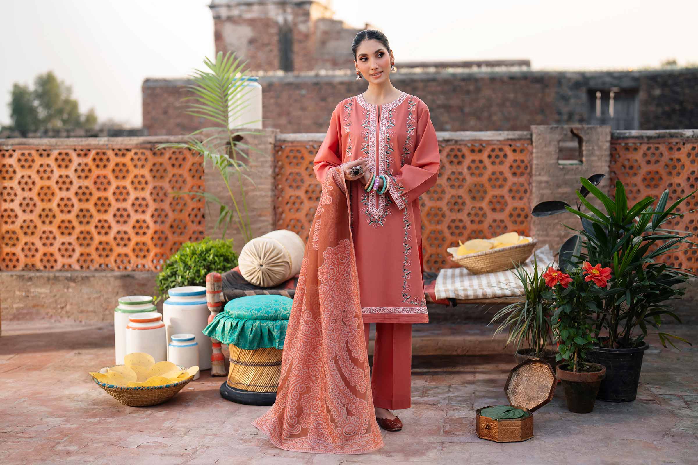 NishatUK - Orange Embroidered Cross Hatch 3-piece ready to wear Suit