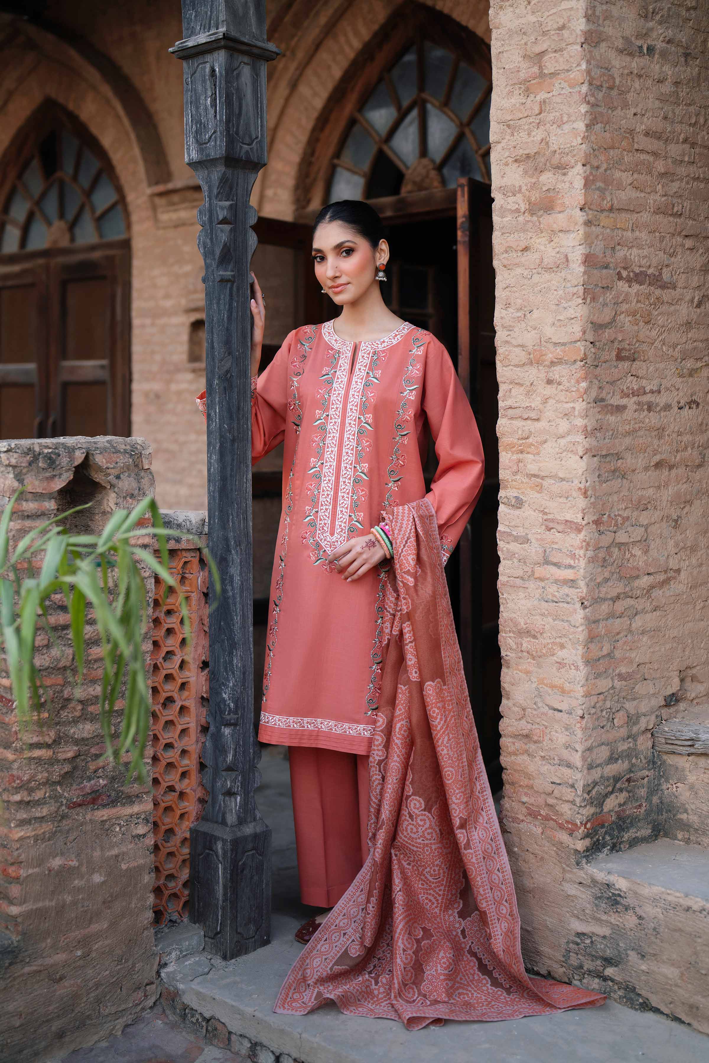 NishatUK - Orange Embroidered Cross Hatch 3-piece ready to wear Suit