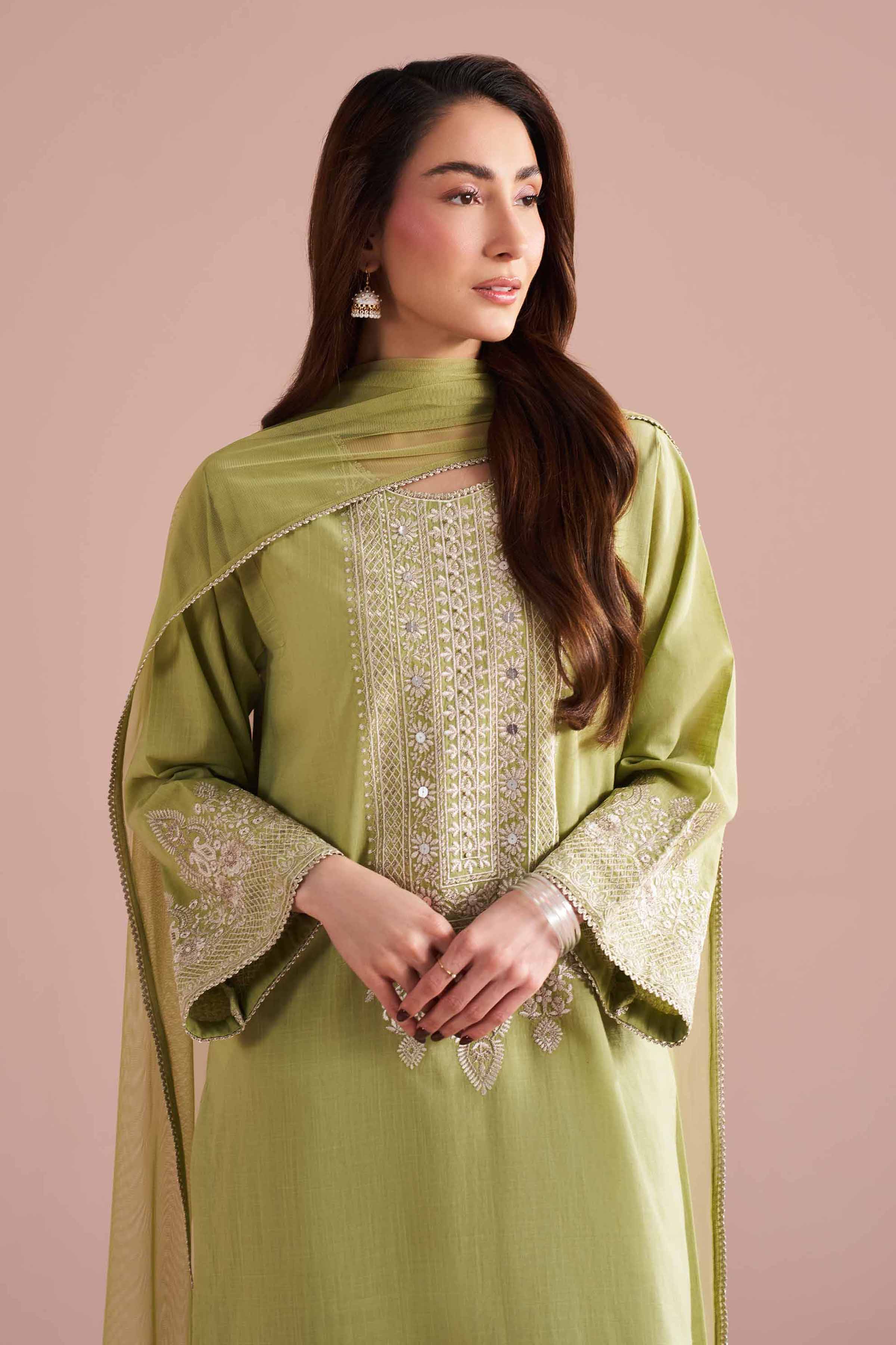 NishatUK - Green Embroidered Cross Hatch 3-piece ready to wear Suit