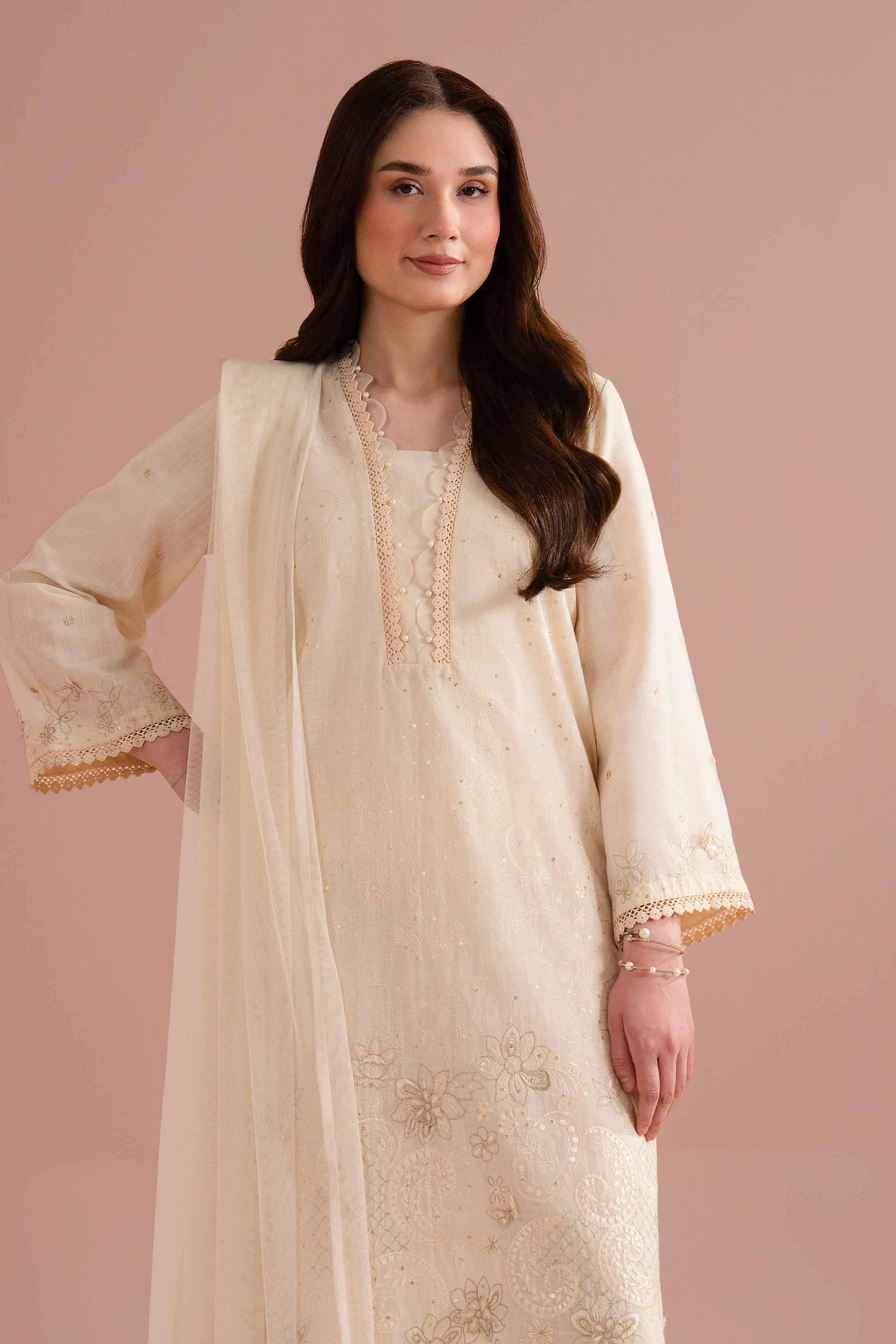 NishatUK - White Embroidered Cross Hatch 3-piece ready to wear Suit