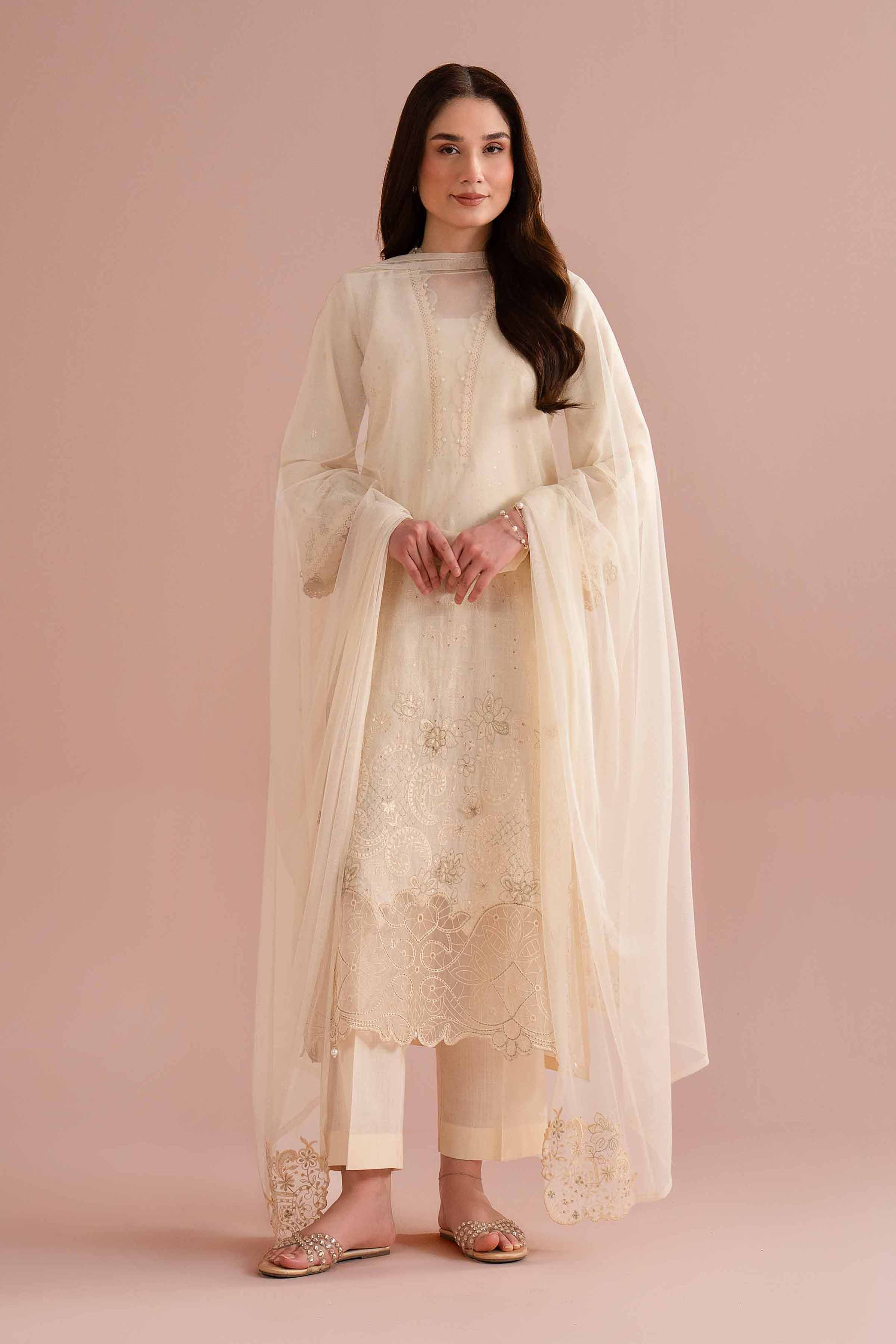 NishatUK - White Embroidered Cross Hatch 3-piece ready to wear Suit