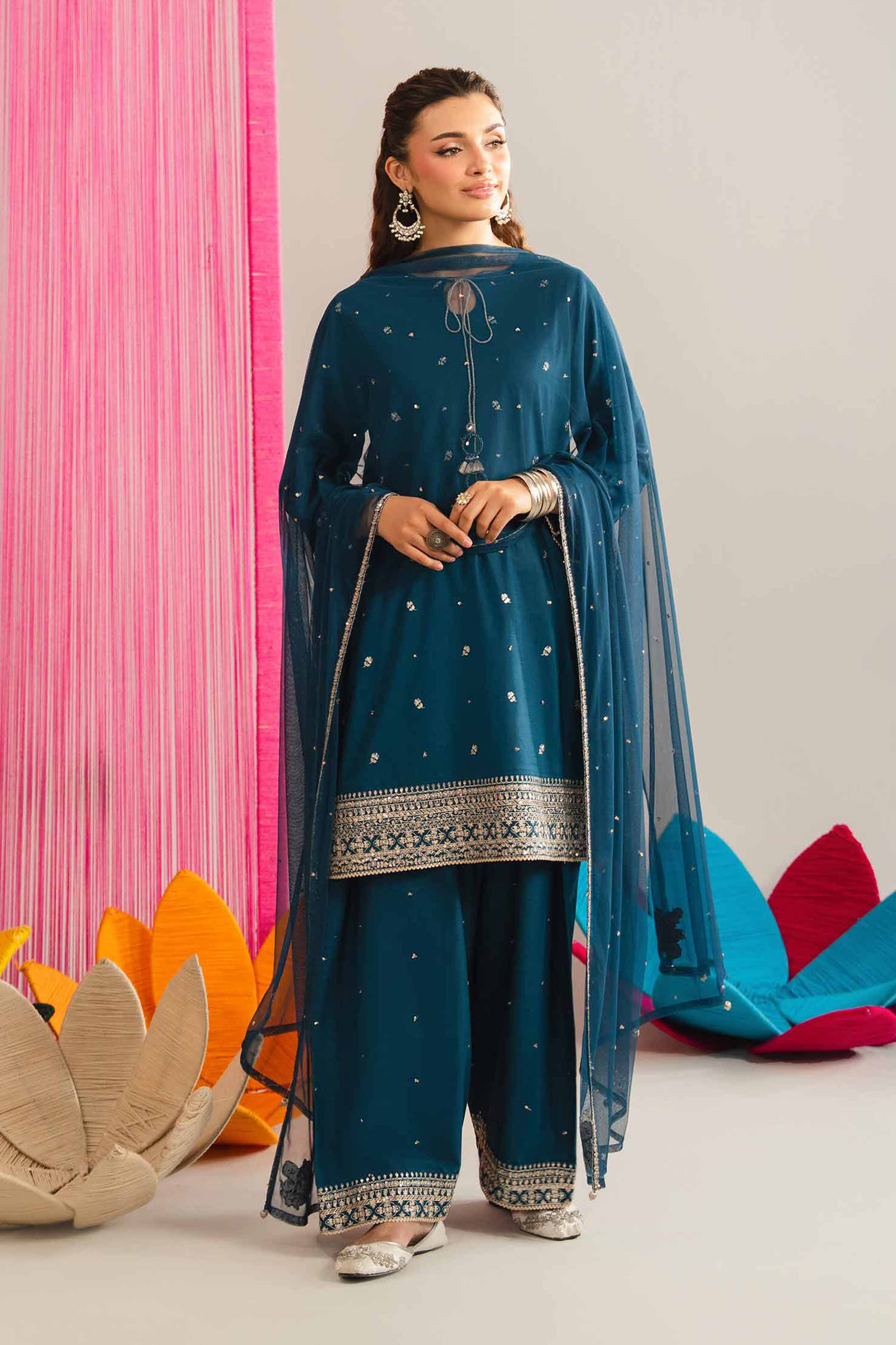 NishatUK - Blue Embroidered Cross Hatch 3-piece ready to wear luxury Suit