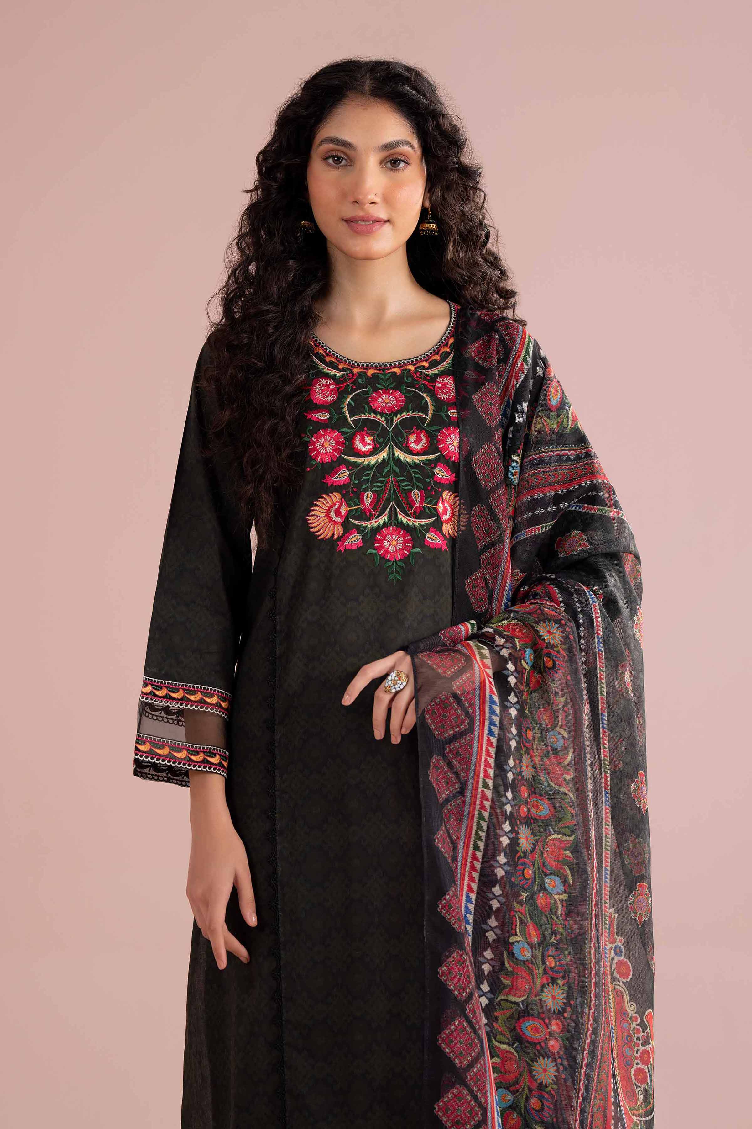 NishatUK - Black Embroidered Lawn 3-piece ready to wear Suit