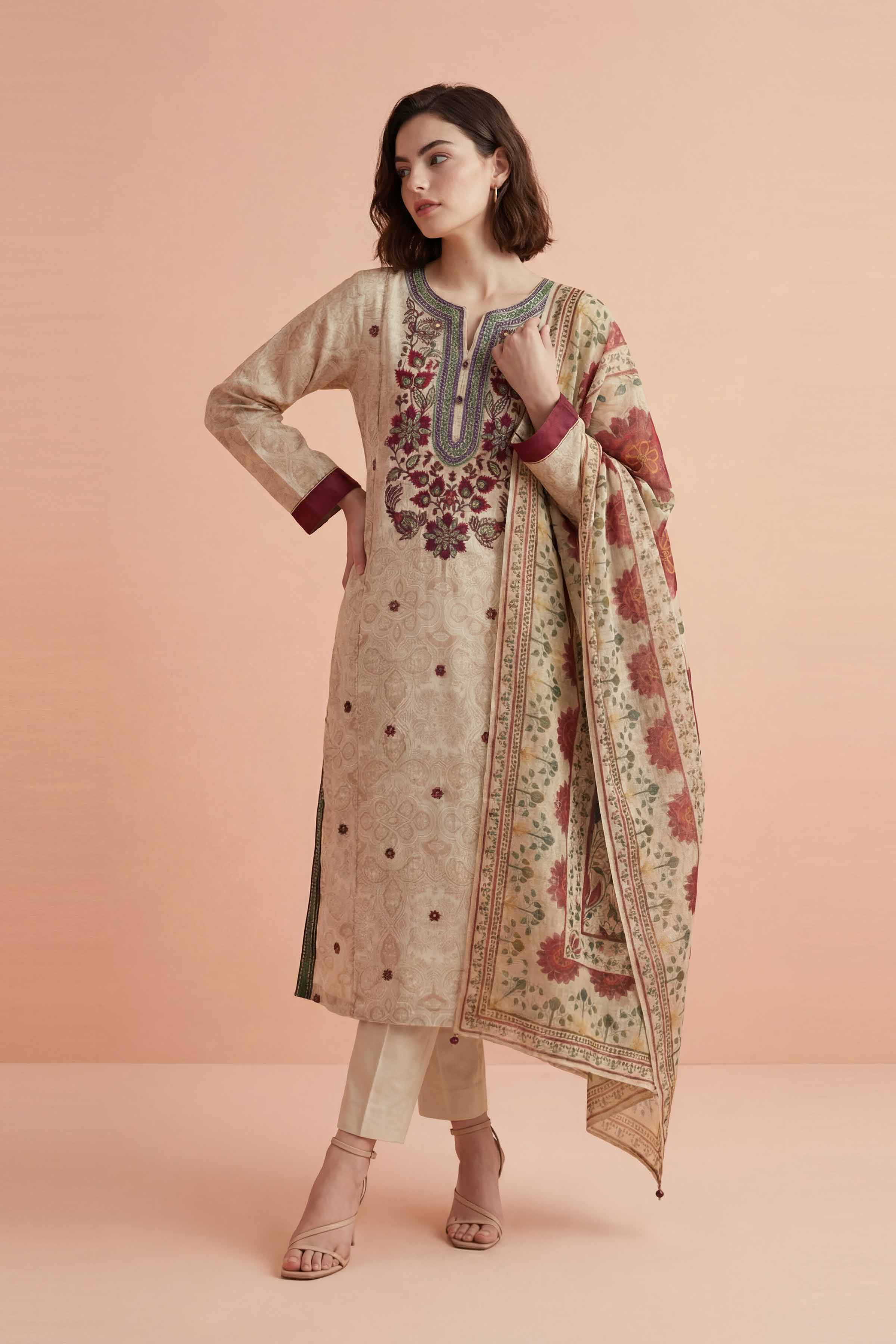 NishatUK - Off White Embroidered Lawn 3-piece ready to wear Suit