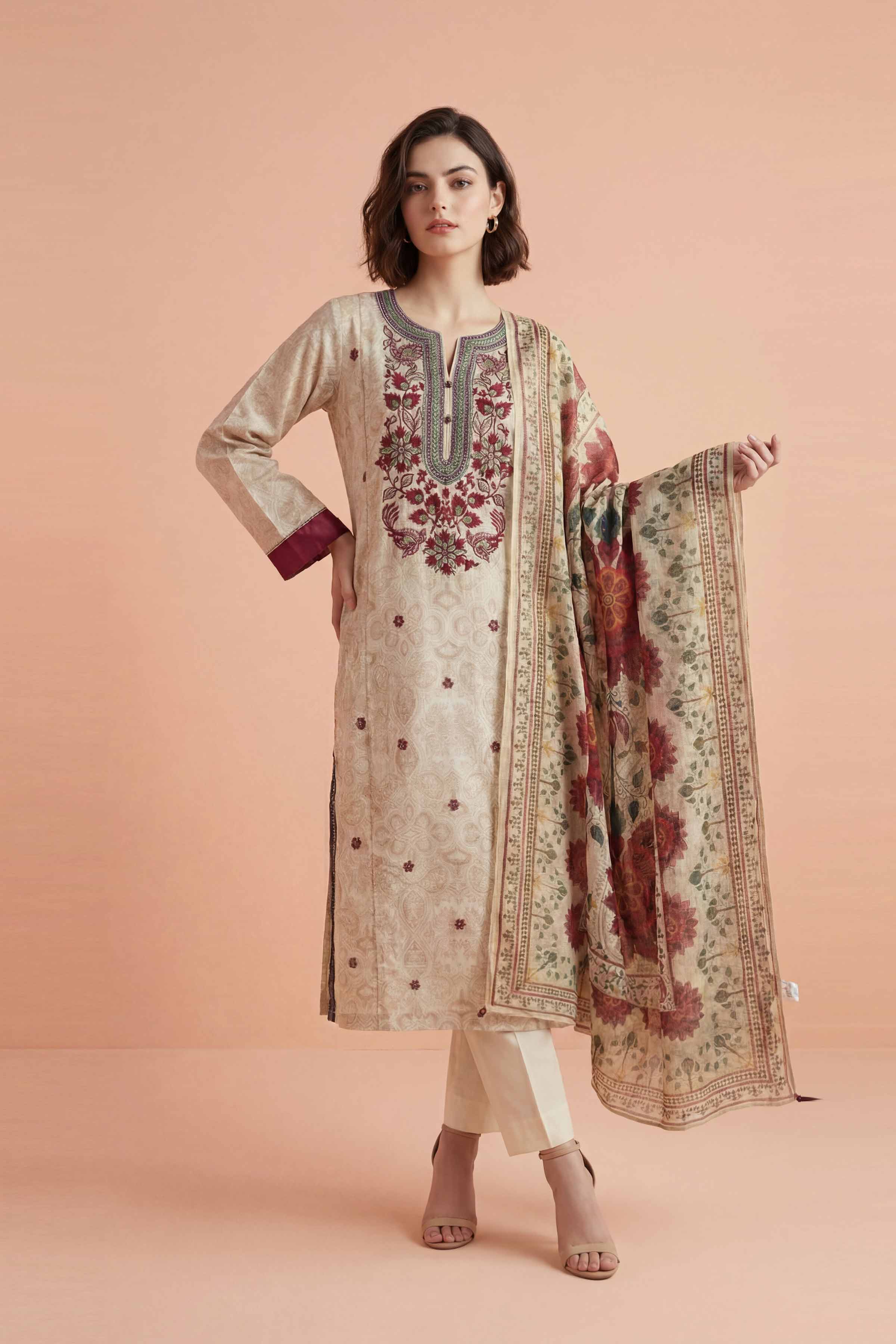 NishatUK - Off White Embroidered Lawn 3-piece ready to wear Suit