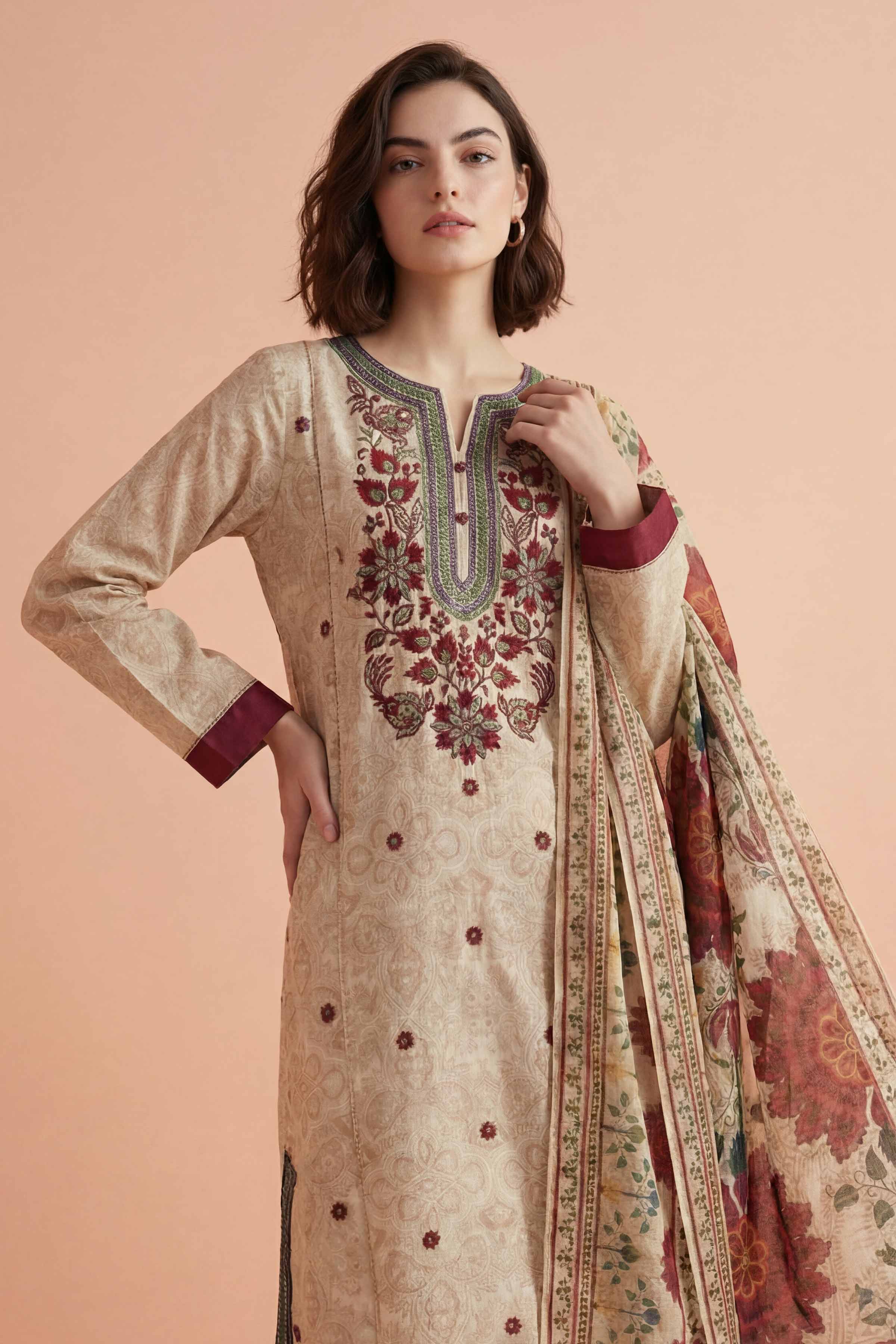 NishatUK - Off White Embroidered Lawn 3-piece ready to wear Suit