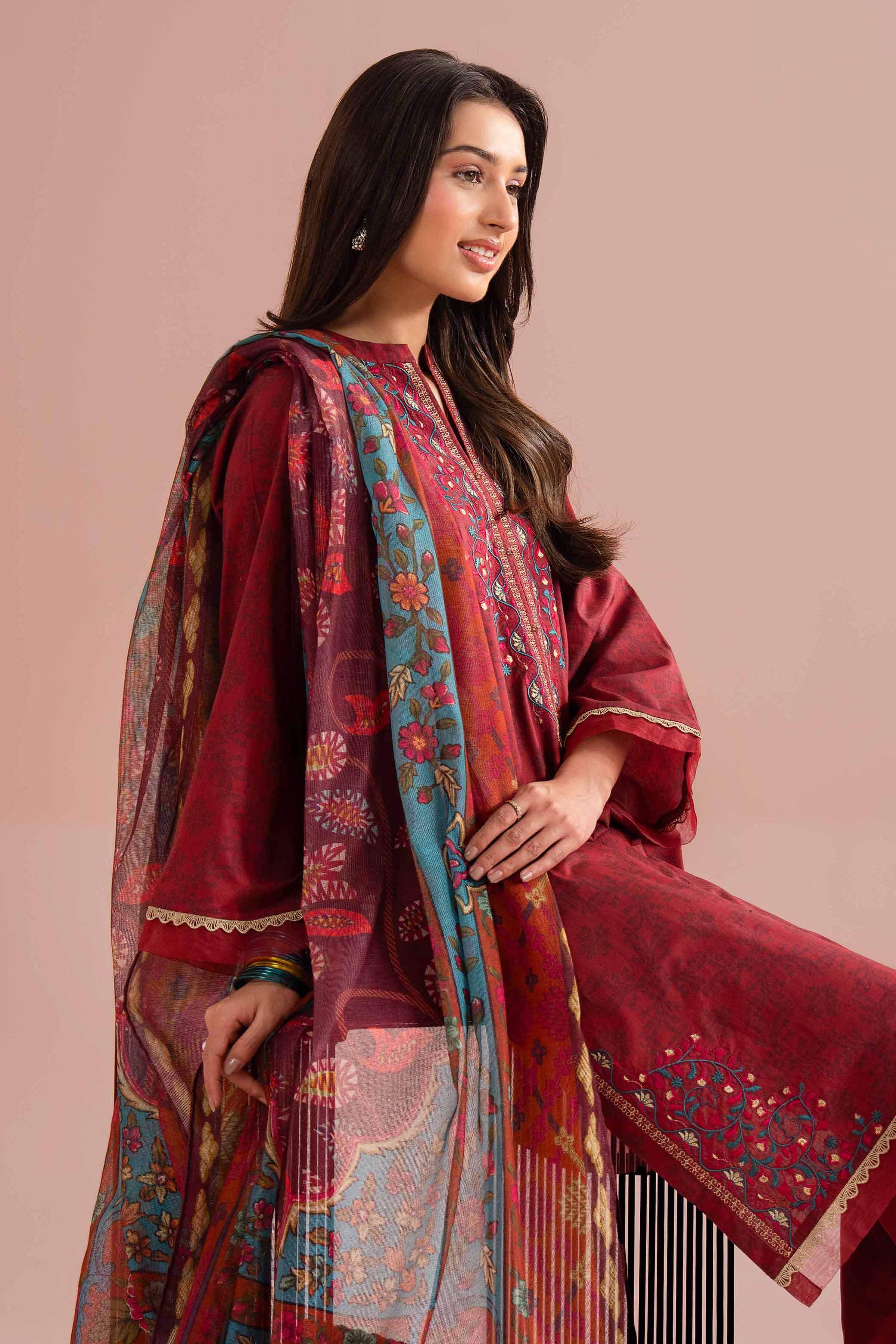 NishatUK - Red Embroidered Lawn 3-piece ready to wear Suit