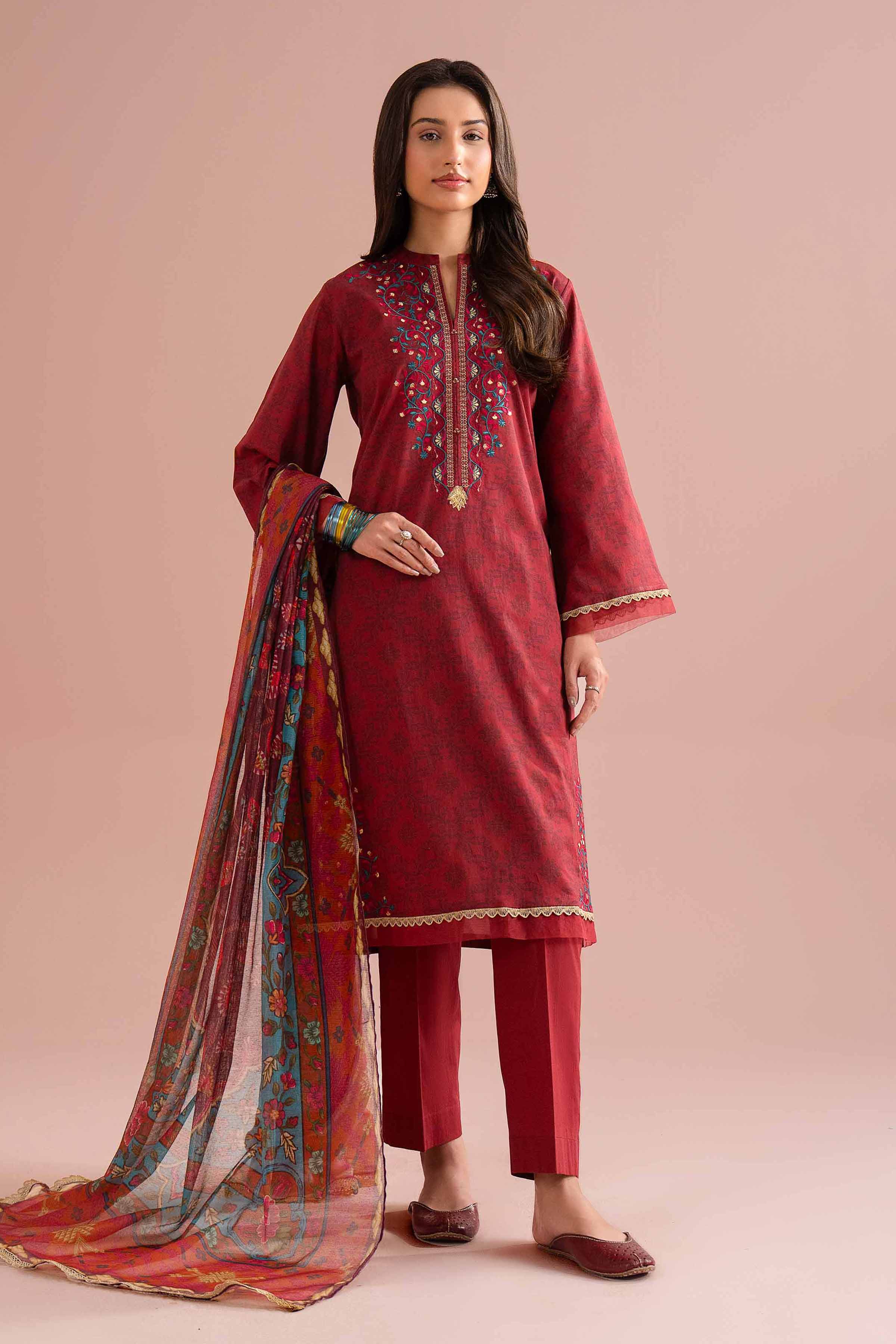NishatUK - Red Embroidered Lawn 3-piece ready to wear Suit