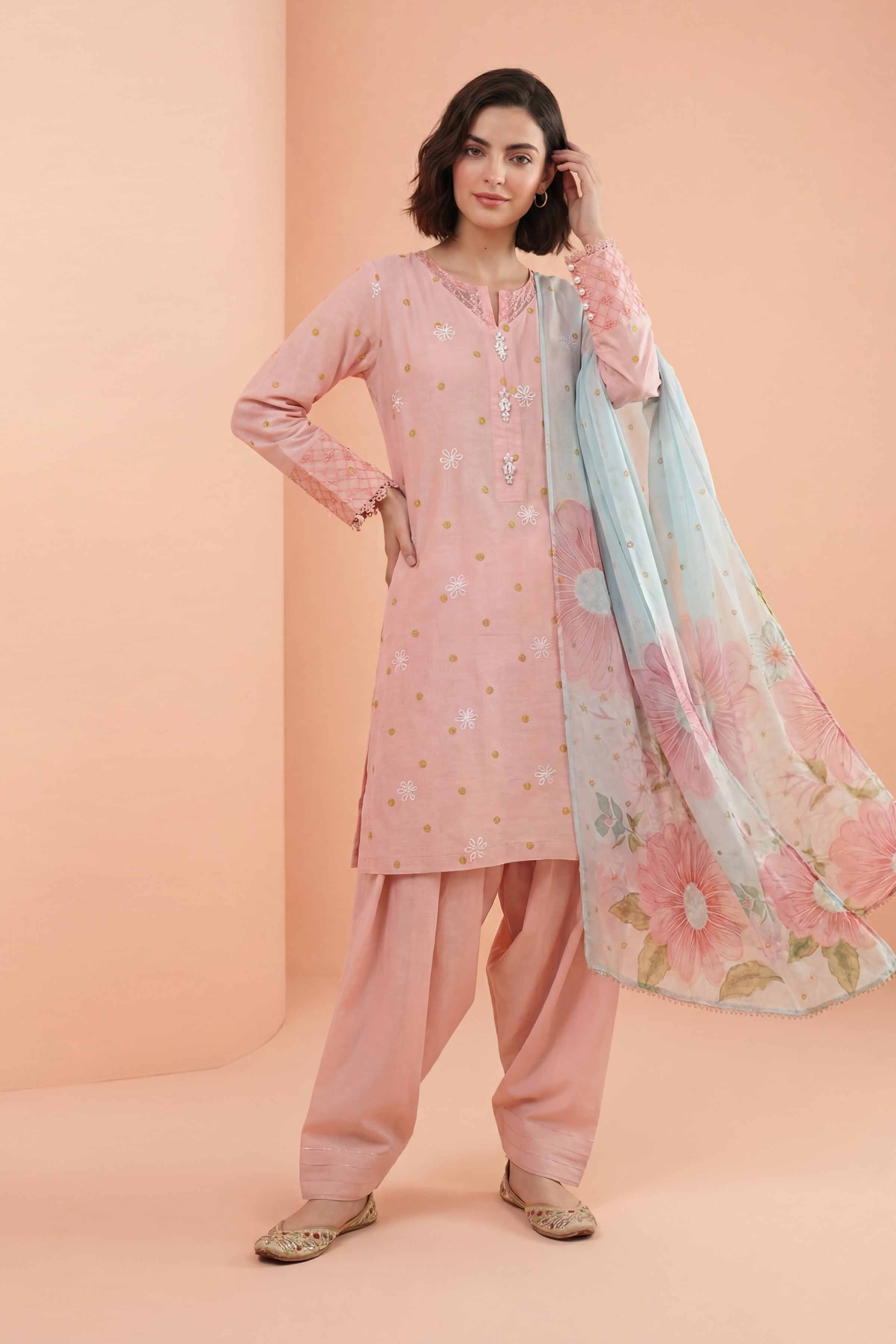 NishatUK - Pink Embroidered Lawn 3-piece ready to wear Suit
