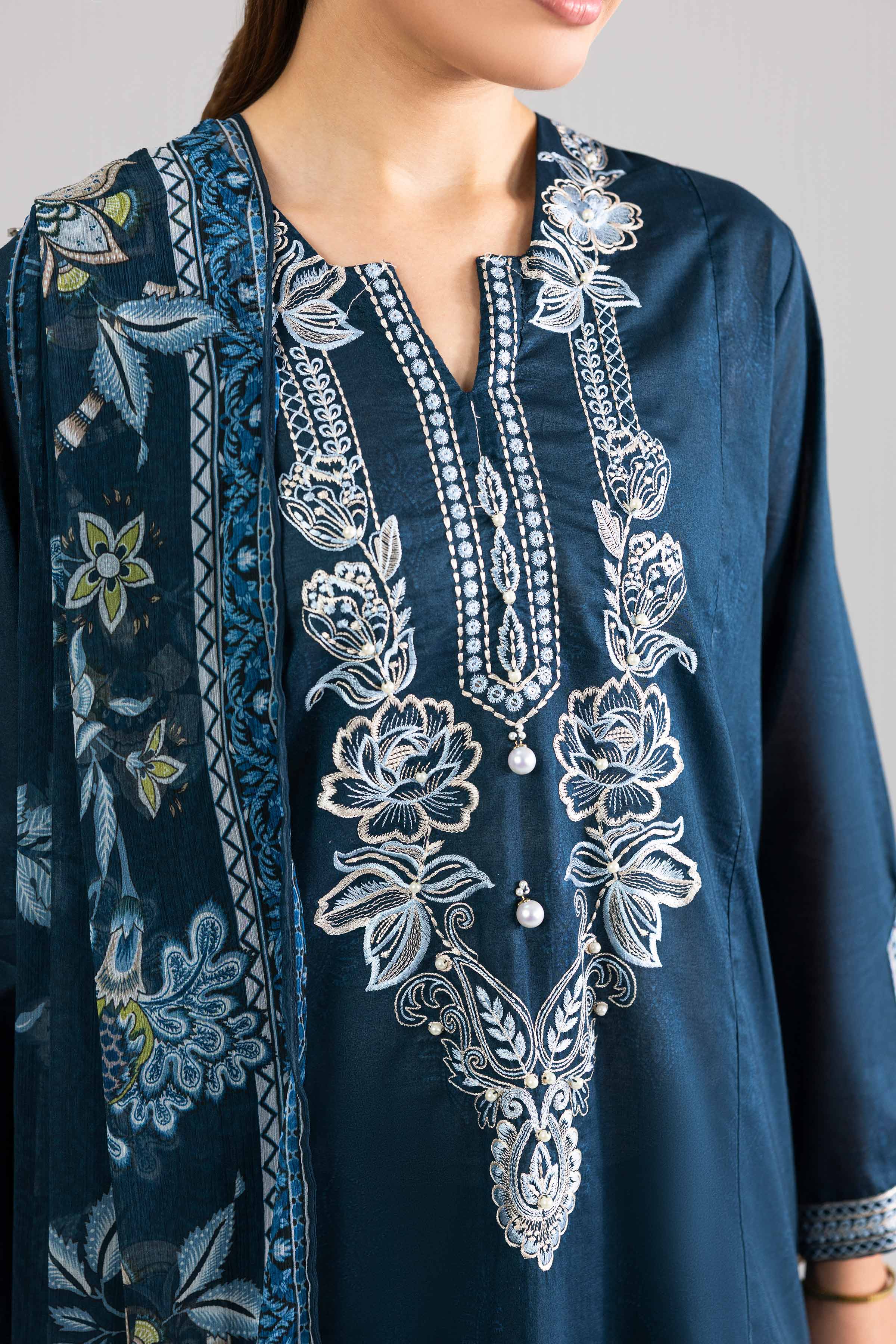 NishatUK - Blue Embroidered Lawn 3-piece ready to wear Suit